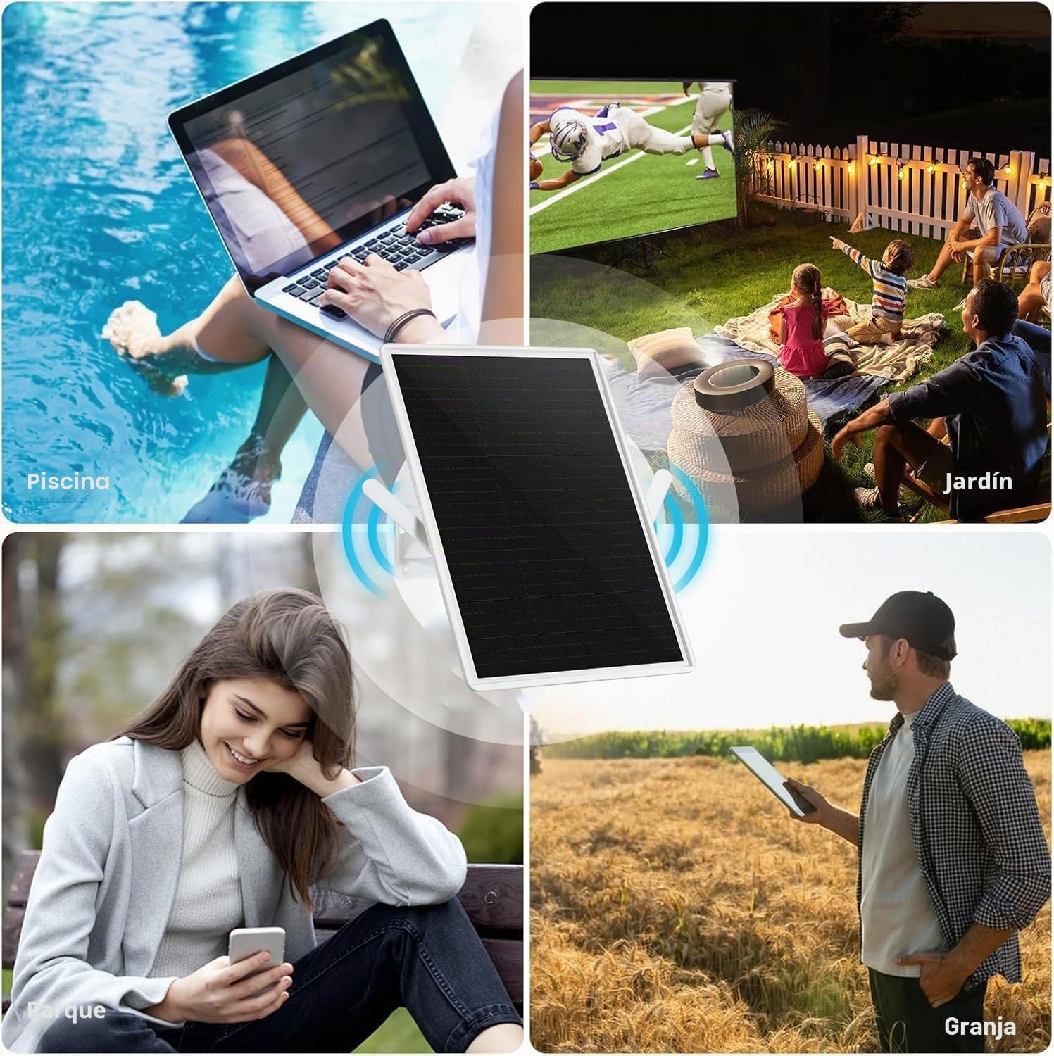 Amplificador/Amplificador de señal WiFi Doble Banda Exterior para Router de 2,4GHz,repetidor WiFi,300Mbps,Radio de Cobertura de hasta 490pies/150 Metros,Panel Solar 15W/5V,20000mAh,IP65