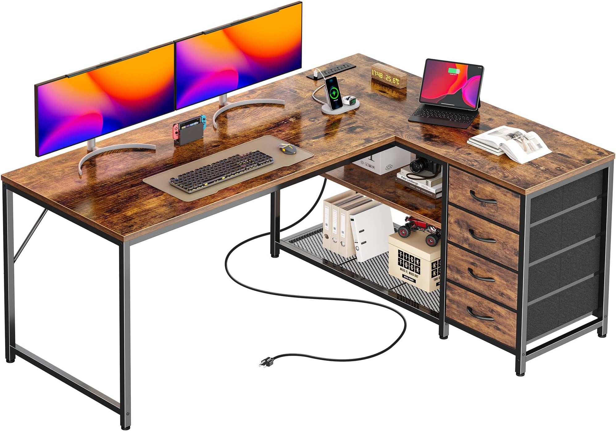 PRAISUN 53" L Shaped Desk with Power Outlets and USB-C Port, Reversible Computer Corner Office Desk with 4 Fabric Drawers and 2 Height-Adjustable Shelves, Large for Gaming Writing Study, Rustic Brown