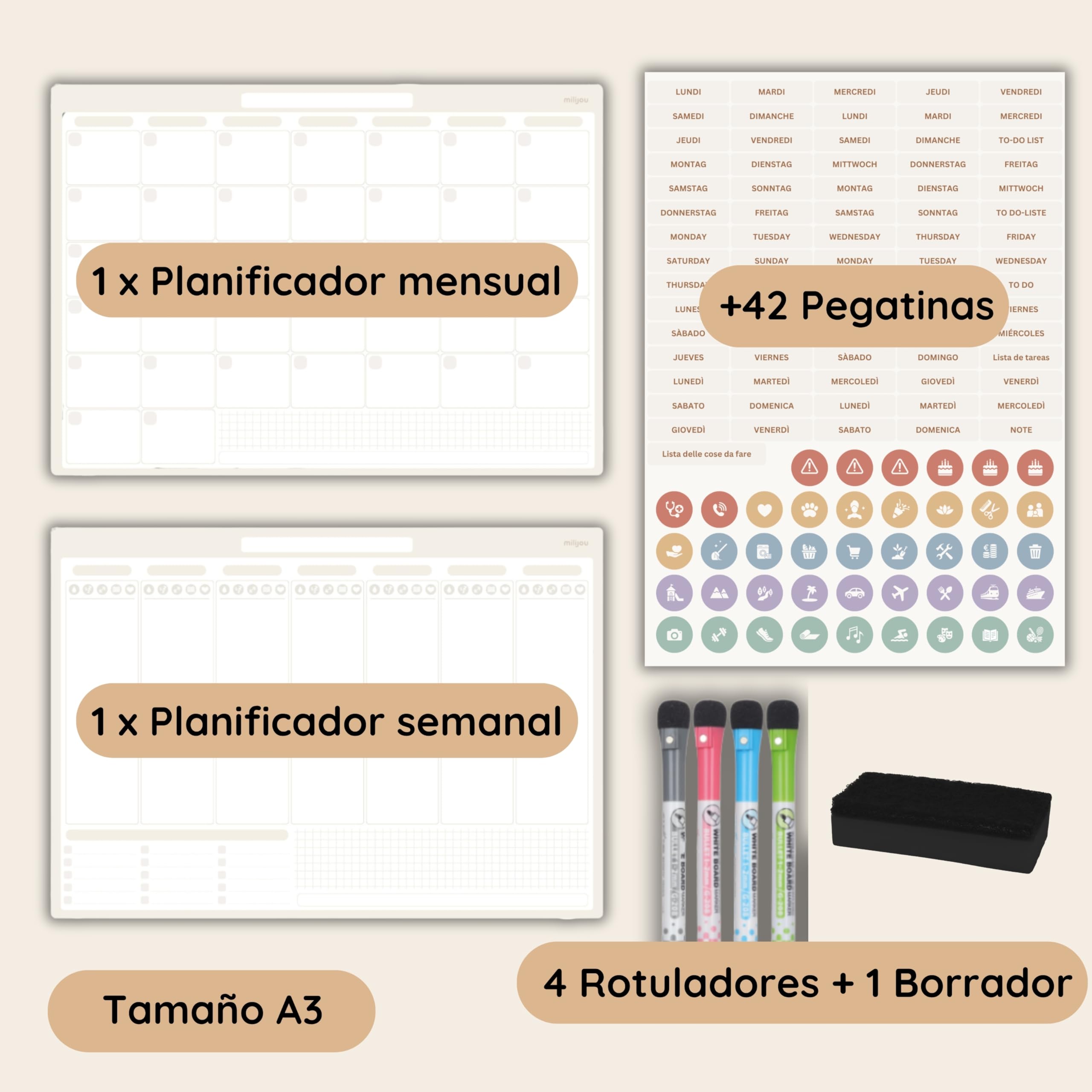 Calendario Magnético para Nevera A3 – Planificador Mensual y Semanal Borrable – 42 Pegatinas de Eventos, 4 Rotuladores, 1 Borrador – Pizarra Blanca Magnética – Rastreador de Bienestar