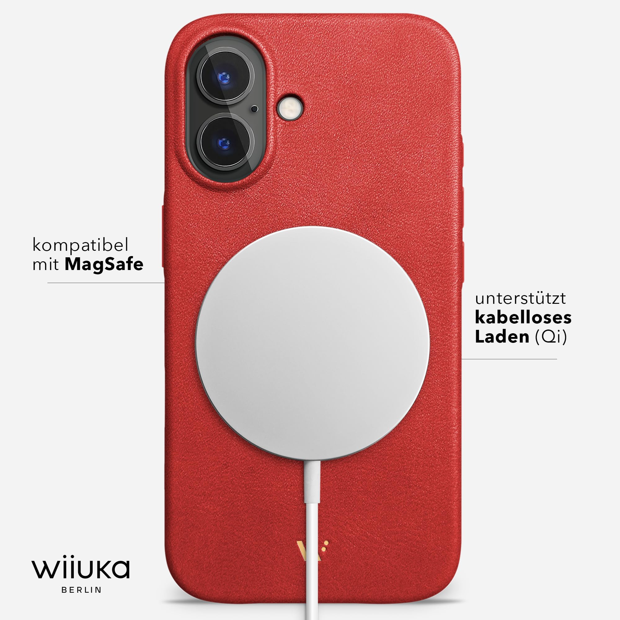 WIIUKA Funda para iPhone 17, piel de Alemania, funda de piel extrafina, funda premium para teléfono móvil, funda para teléfono móvil Qi, color rojo