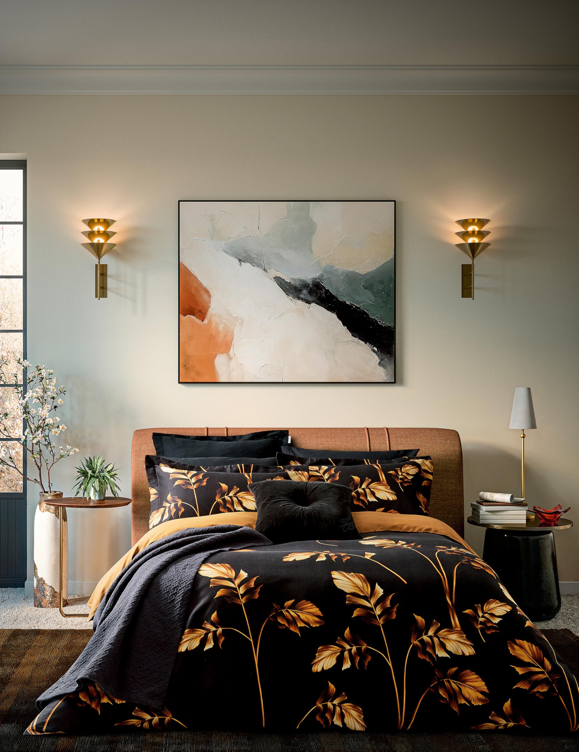 Ensemble de Housses Florales dorées SK/S Noir en textile premium pour lit haut de gamme