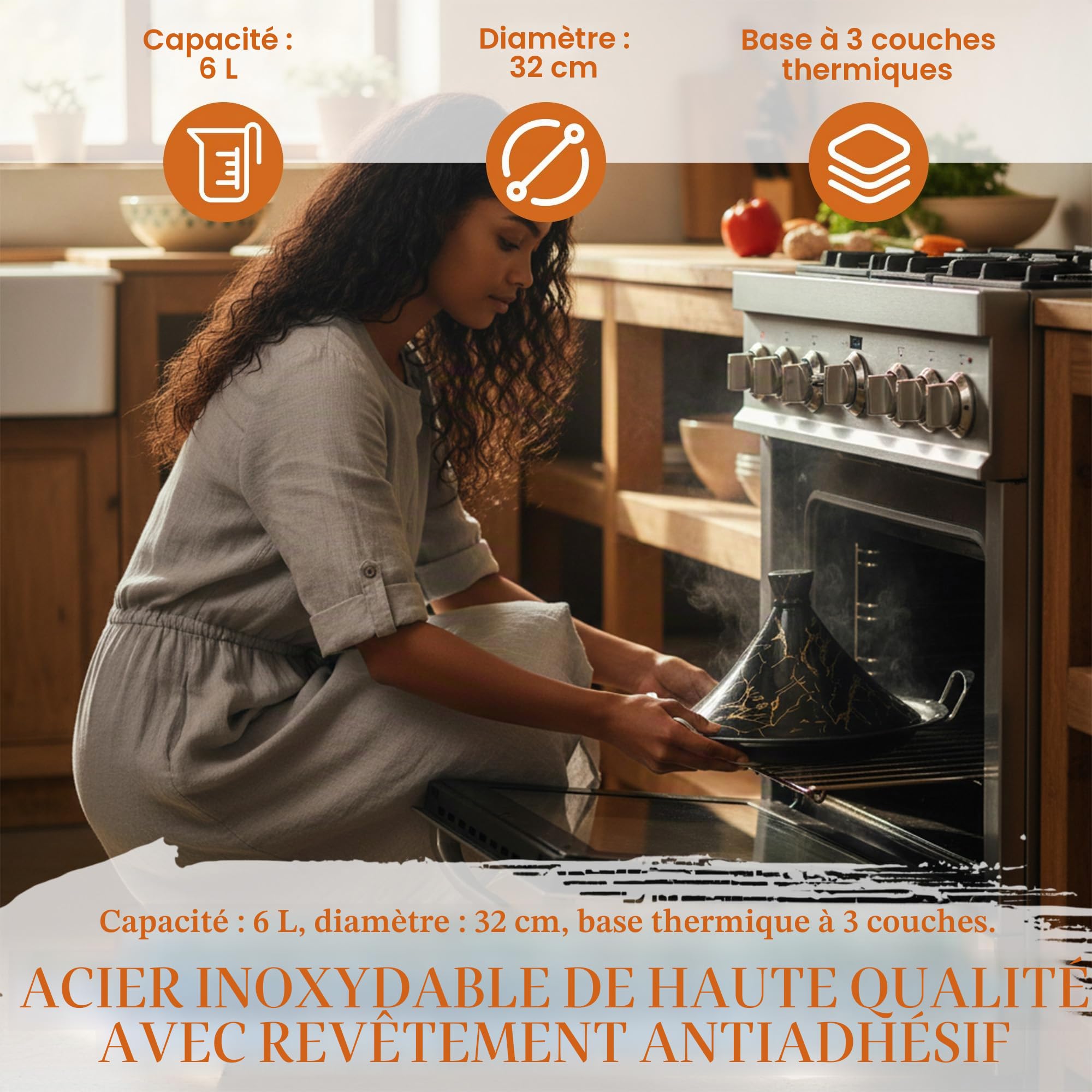 Tajine Royal Swiss 38 cm – Acier inoxydable, revêtement antiadhésif, couvercle porcelaine – Toutes sources de chaleur, induction, gaz, électrique – Cuisine saine (Noir, 38 cm)