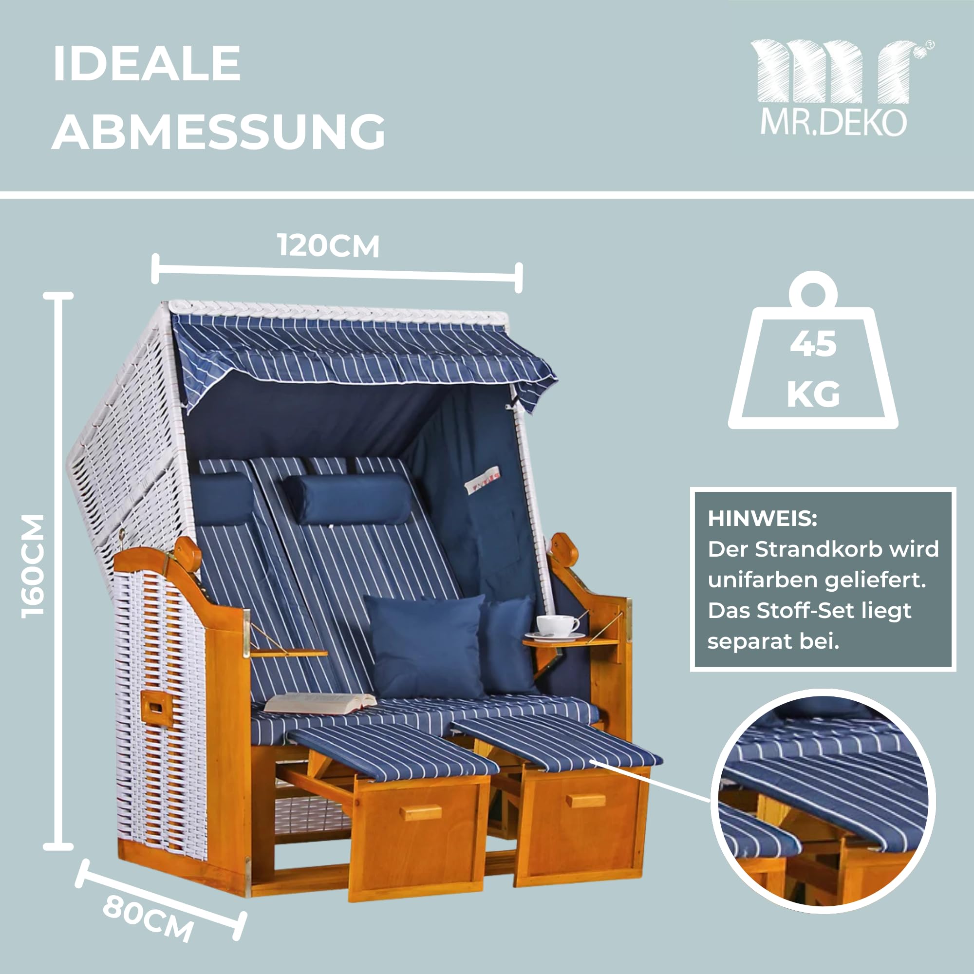 Mr. DEKO® Strandkorb Baltique rotin PE Blanc Bleu | qualité Premium | résistant Pluie Vent | Fauteuil-Cabine détente | mobilier de Jardin et Balcon extérieur, Coin Repos Chic
