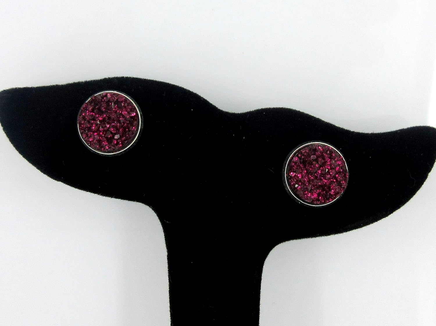Silver-tone Maroon with Pink Glitter Faux Druzy Stone Stud Earrings - Image 3