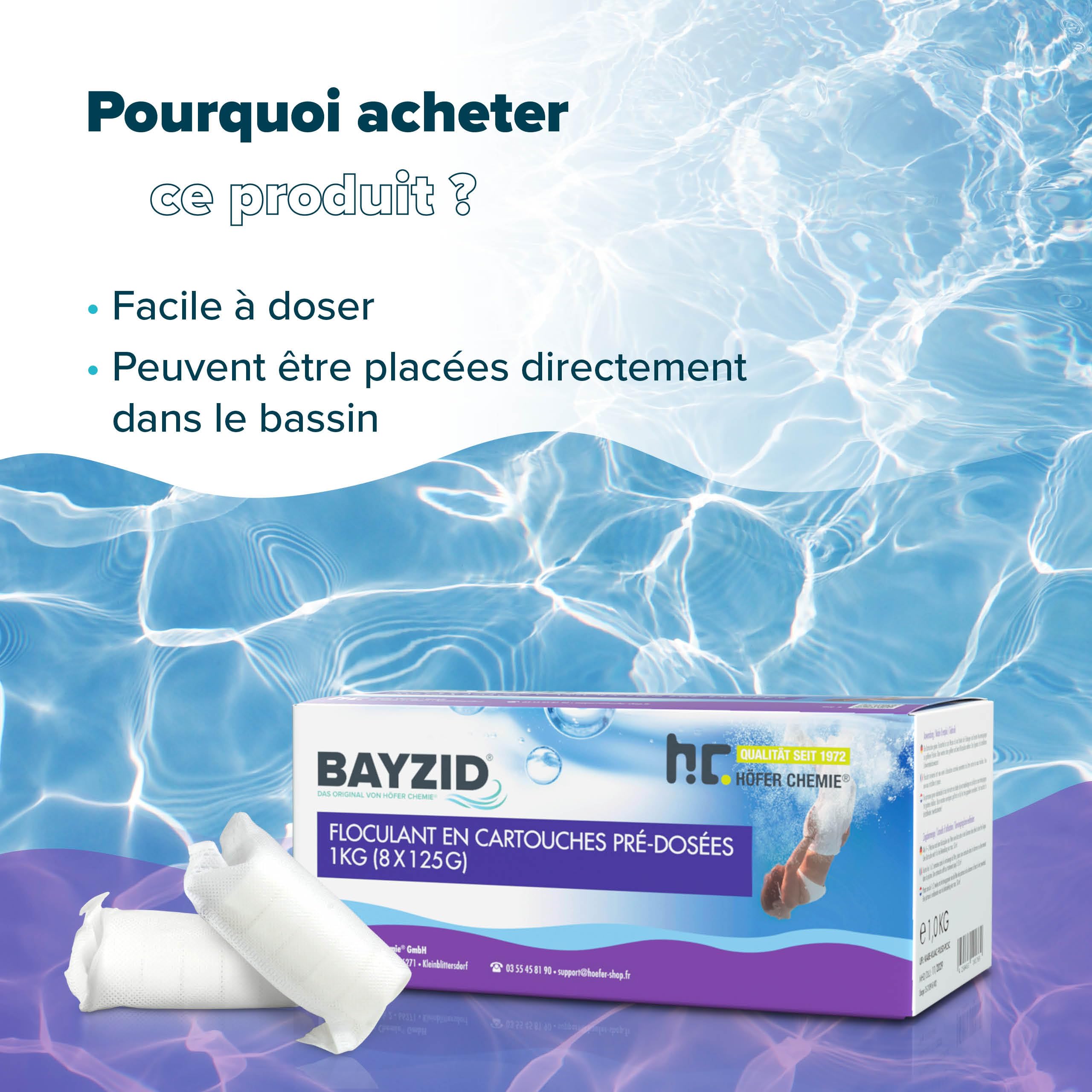 Höfer Chemie 4 x 1 kg BAYZID® Cartouches de Floculant Piscine Pré-dosées (8 x 125 g) - Élimination Rapide des Impuretés pour Piscines avec Filtres à Sable, Facile à Utiliser