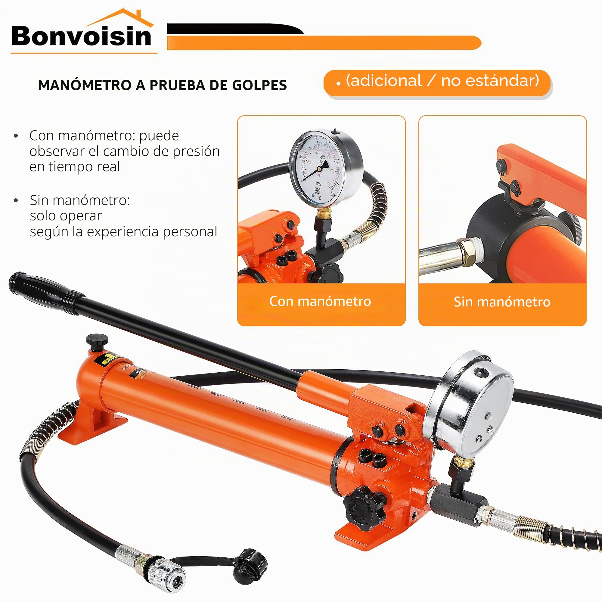 Bonvoisin CP-700 Bomba Hidraulica Manual 700kg/cm² Alta Presión | Alta Presión 700kg/m³, Capacidad De Aceite 900cc, Manguera 1,8m&Conexión Rápida ZG3/8", Compatible Con Múltiples Herramientas