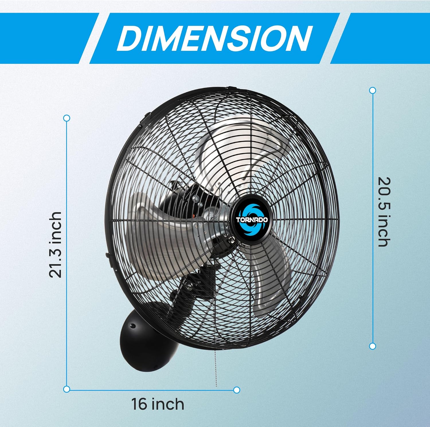 tornado 20 inch pro series high velocity wall mount fan, oscillating industrial, commercial & residential fan, 3-speed, 5250 cfm, 1550 rpm, 1/6 hp, 6.6 ft cord, ul listed black 20 inch indoor