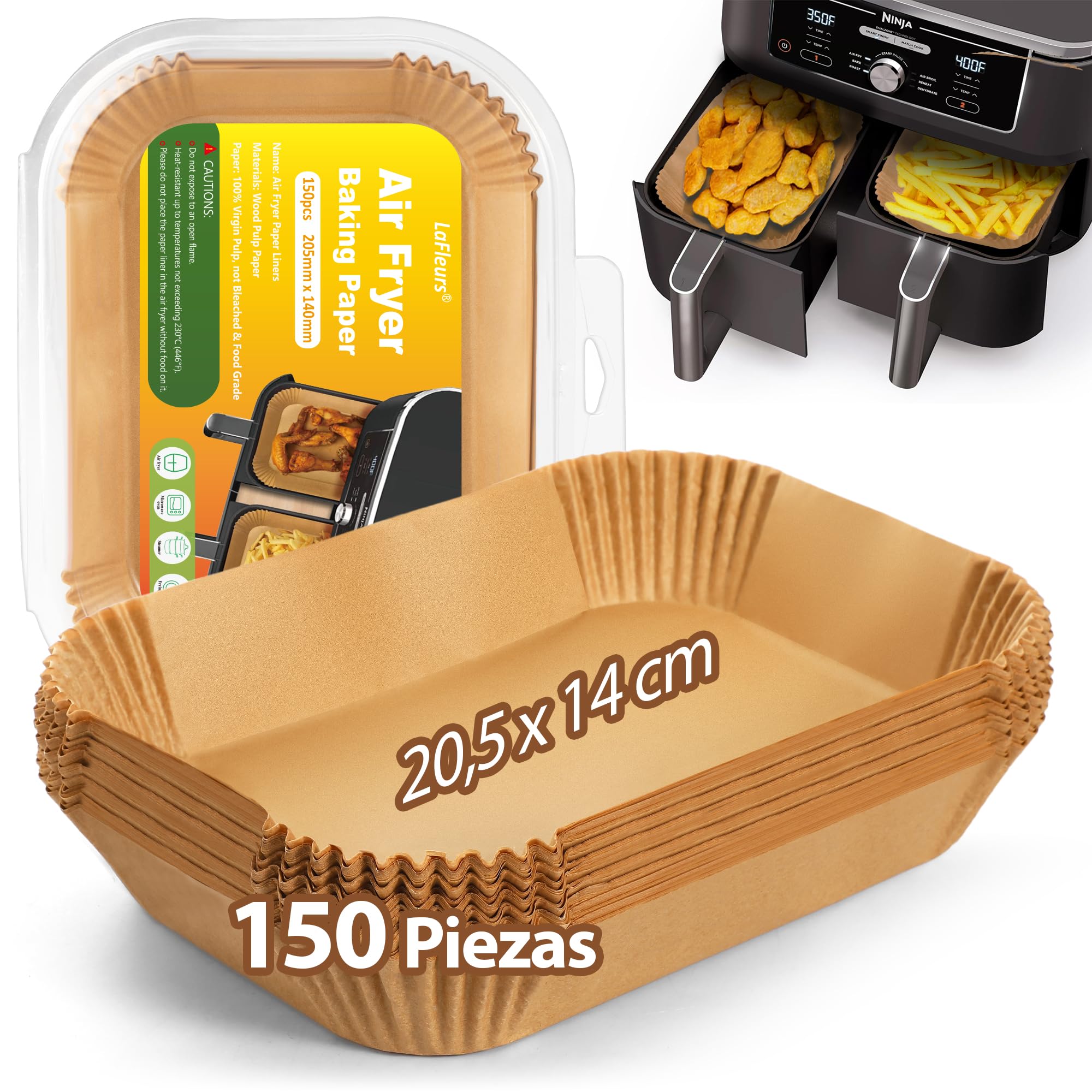 Papel Freidora Aire Dual Zone, 150 Piezas 20,5x14cm Papel Air Fryer de Horno, Accesorios Doble Airfryer, Molde Papel Desechable Antiadherente Compatible con Cecotec/Masterpro/Ninja AF300EU/ AF400EU The Forest Stewardship Council