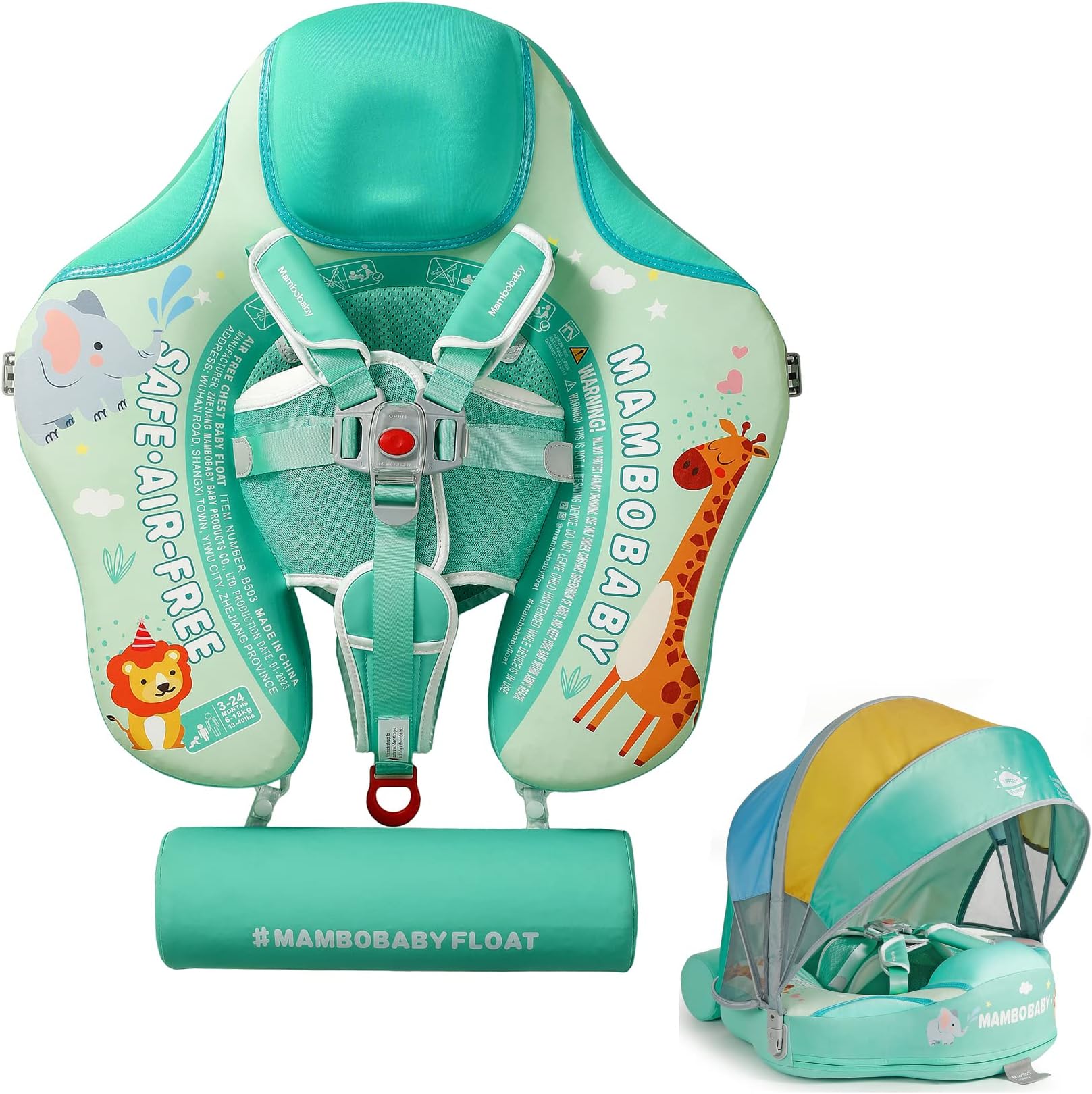 Mambobaby Non Inflatable Baby Float with Canopy Skin-Friendly Relaxing Infant Pool Float Solid Swim Pool Float Mambo Float Swim Trainer with Tail Swim Ring for Baby Aged 3-24 Months