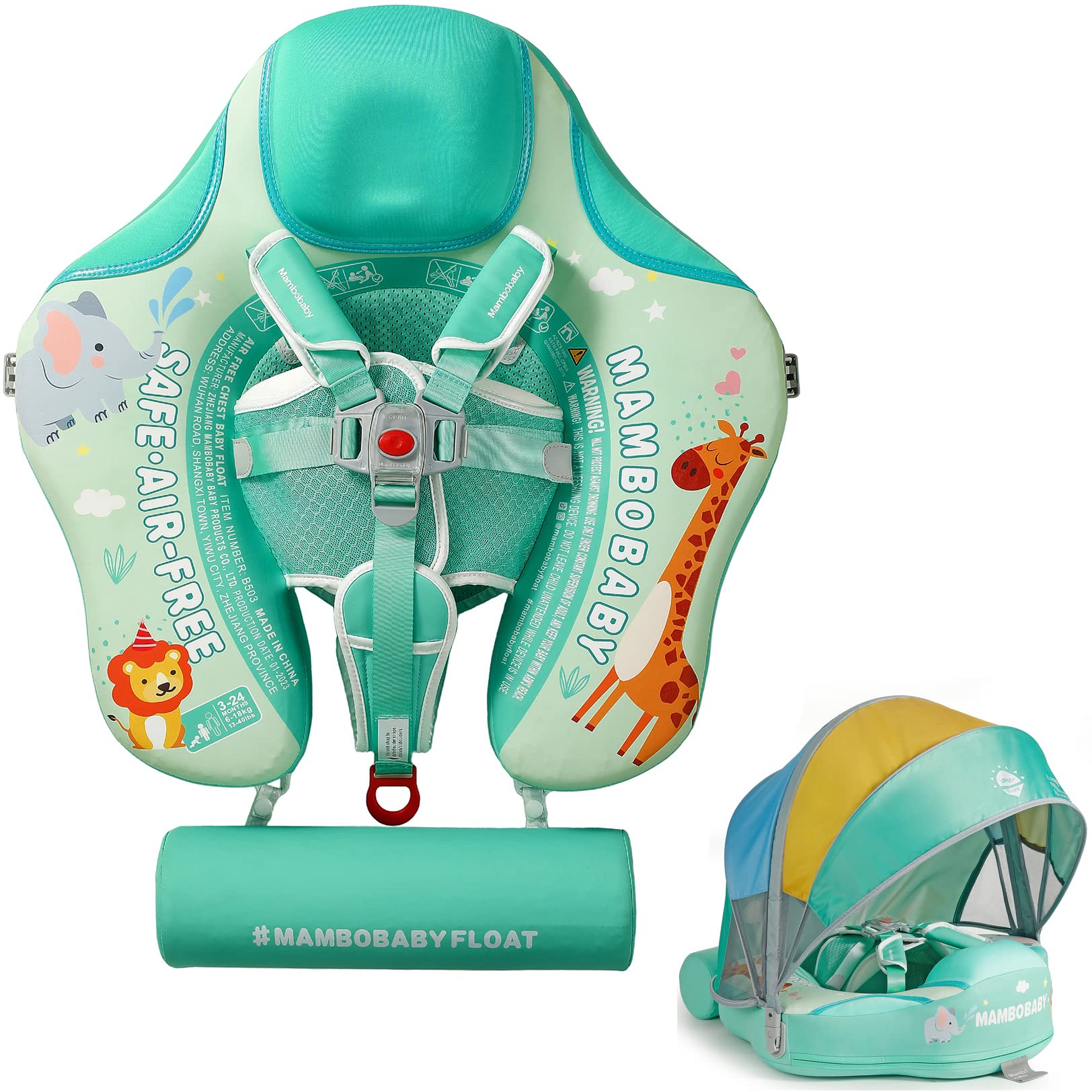 Mambobaby Non Inflatable Baby Float with Canopy Skin-Friendly Relaxing Infant Pool Float Solid Swim Pool Float Mambo Float Swim Trainer with Tail Swim Ring for Baby Aged 3-24 Months