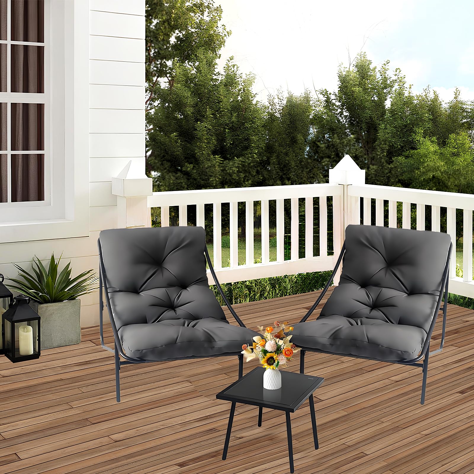 BalkonmöBel Set 3 Teilig, Gartenmöbel Set, Balkonmöbel Kleiner Balkon, Balcony Furniture mit Glastisch & Stahlgestell, Balkon Set 2 Personen, Garden Furniture Sets für Hof, Terrasse, Innen (Grau)
