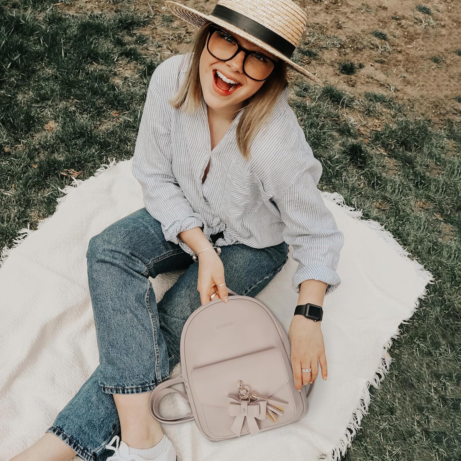 ECOSUSI Mini Backpack for Women Cute Bowknot Small Backpack Purse Ladies Leather Bookbag Satchel Bag, with Charm Tassel Khaki - Image 2