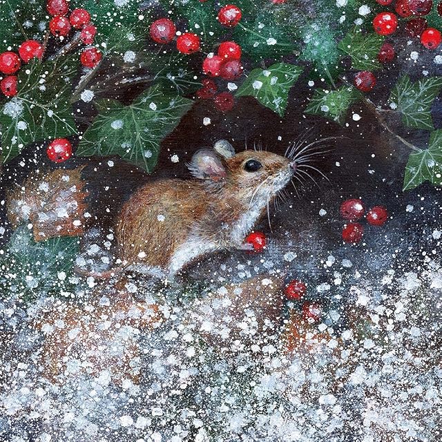 Museums & Galleries Pack of 8 Christmas Cards - 'Winter Mouse' - Lovely Design with Cute Mouse, Ivy and Berries - The Classics Range - 8 Card of 1 Design, Blue Brown White Green Red, 138 x 133 x 12mm