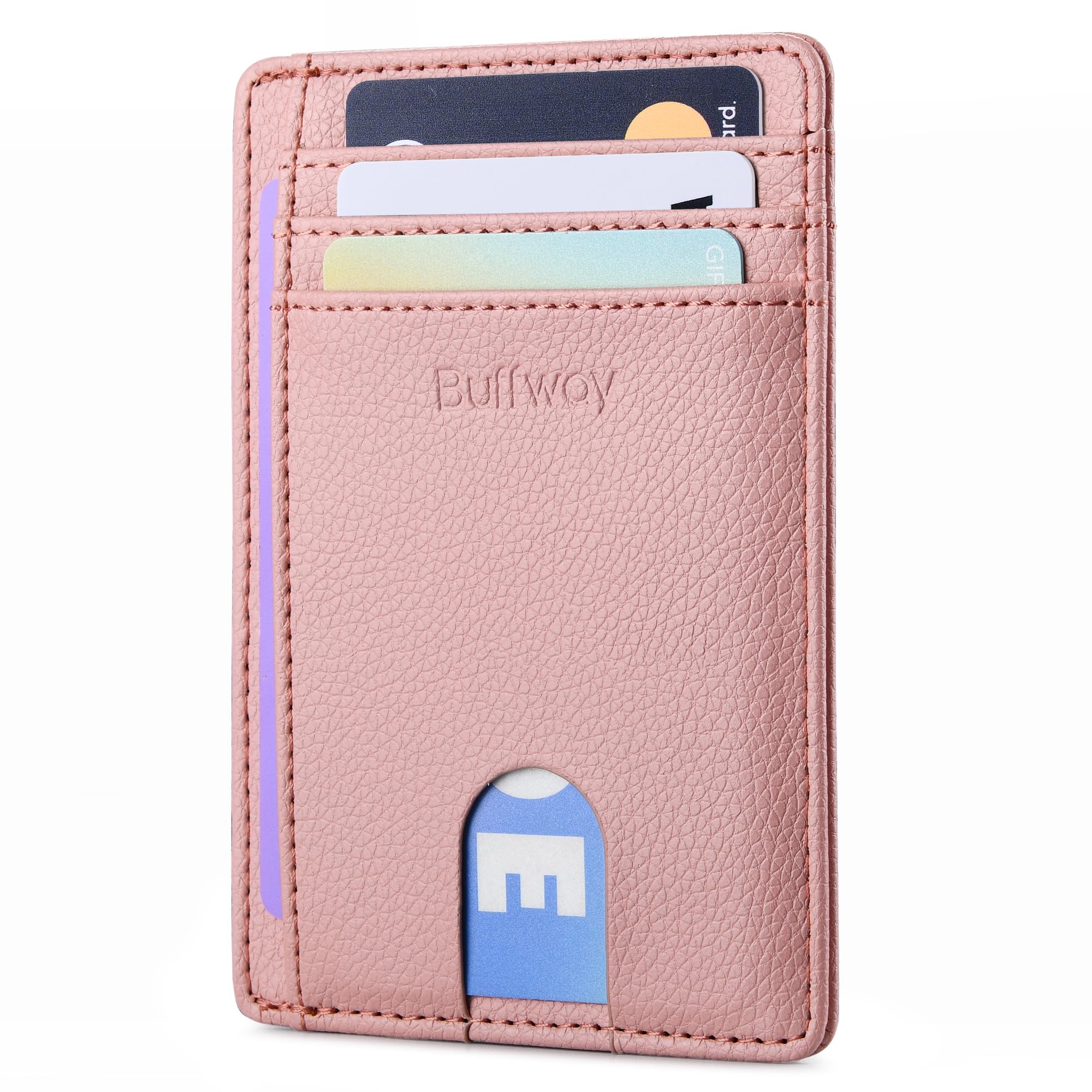 Buffway Slim Minimalist Leather Wallets for Men & Women - Lichee Pink