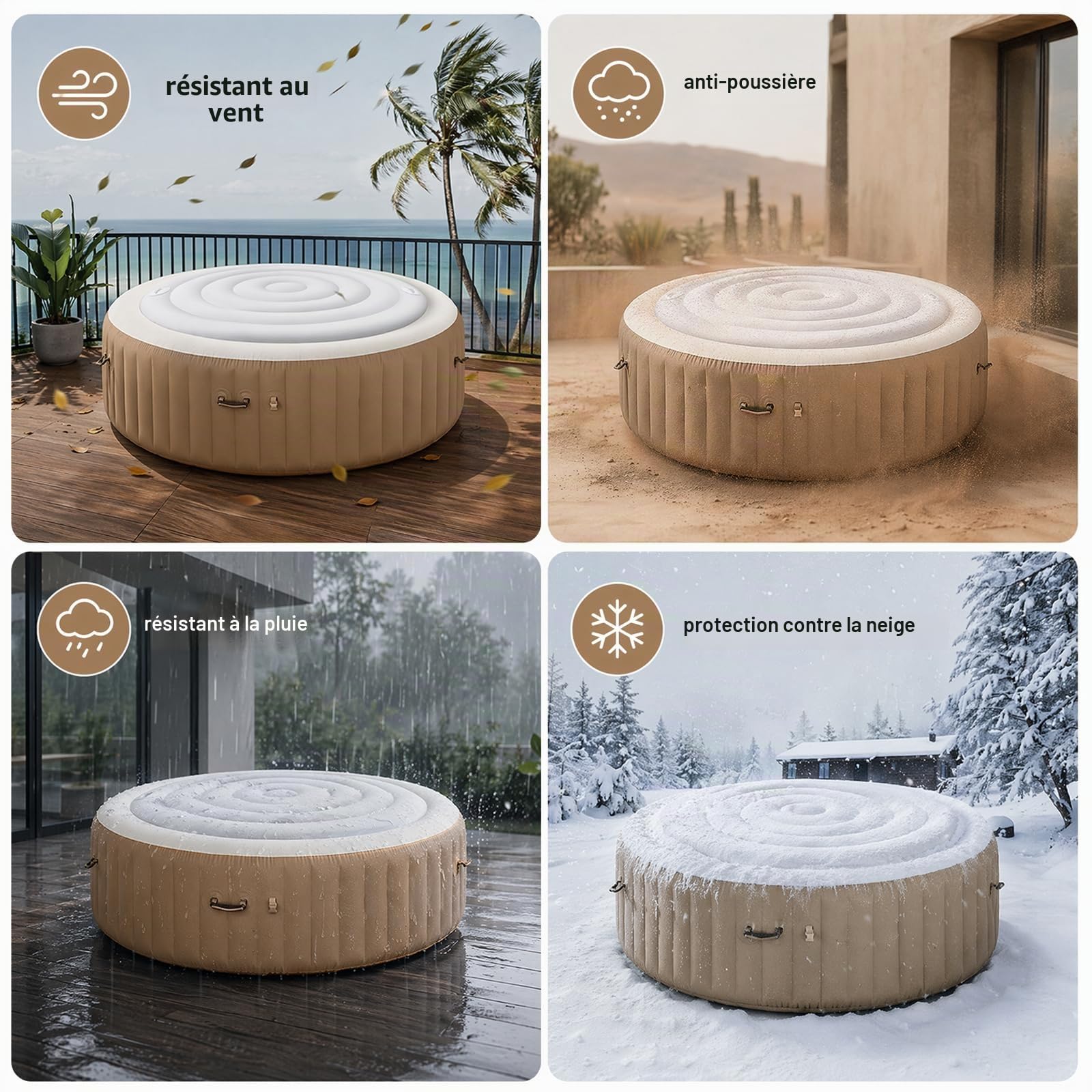Couverture Thermique pour Bains à remous Ronde et Gonflable avec poignées, Couvercle de Spa Gonflable, Couvercle de Bain à Remous de qualité supérieure et économe en énergie (Blanc, 165CM)