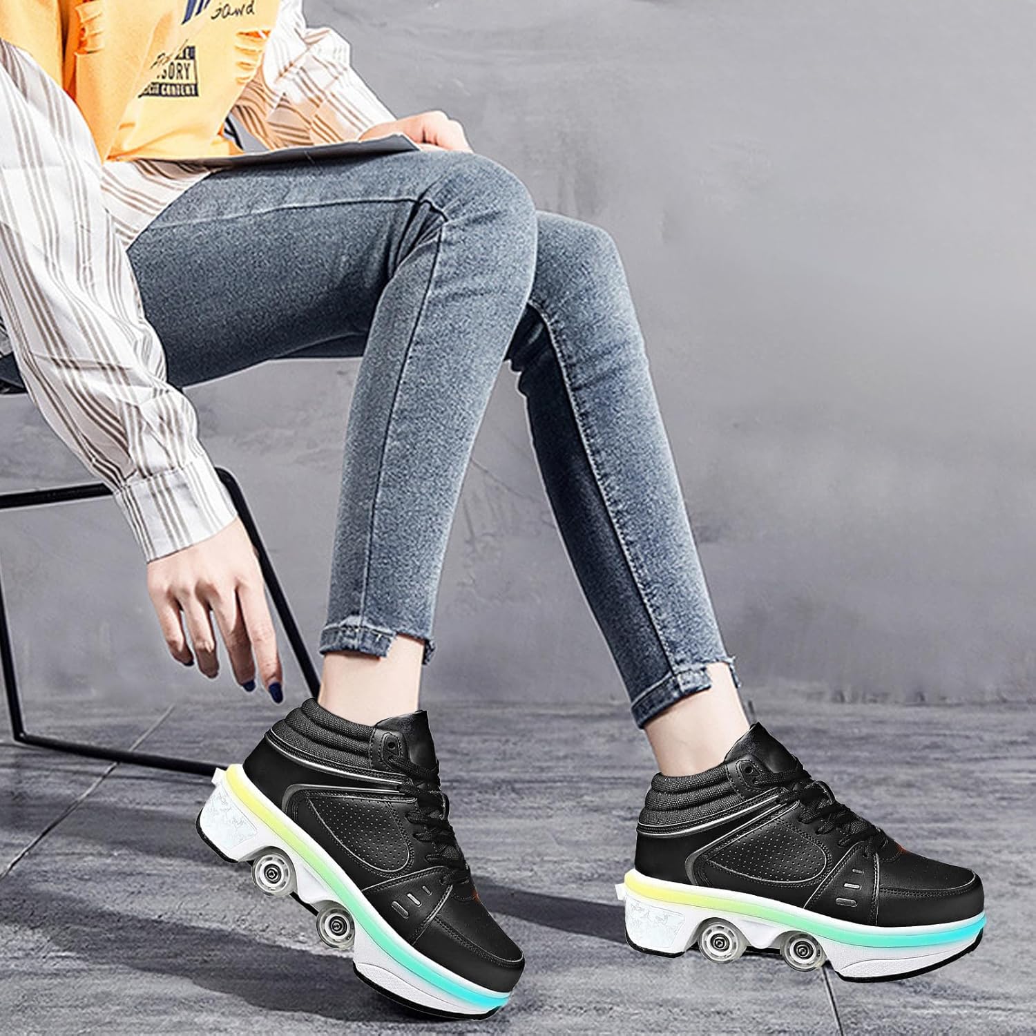 2-in-1 Roller Skate Shoes for Women Men, Double-Row Deform Retractable Removable Roller Skates, Shoes with Wheels for Girls/Boys, Sneakers with Wheels for Outdoor