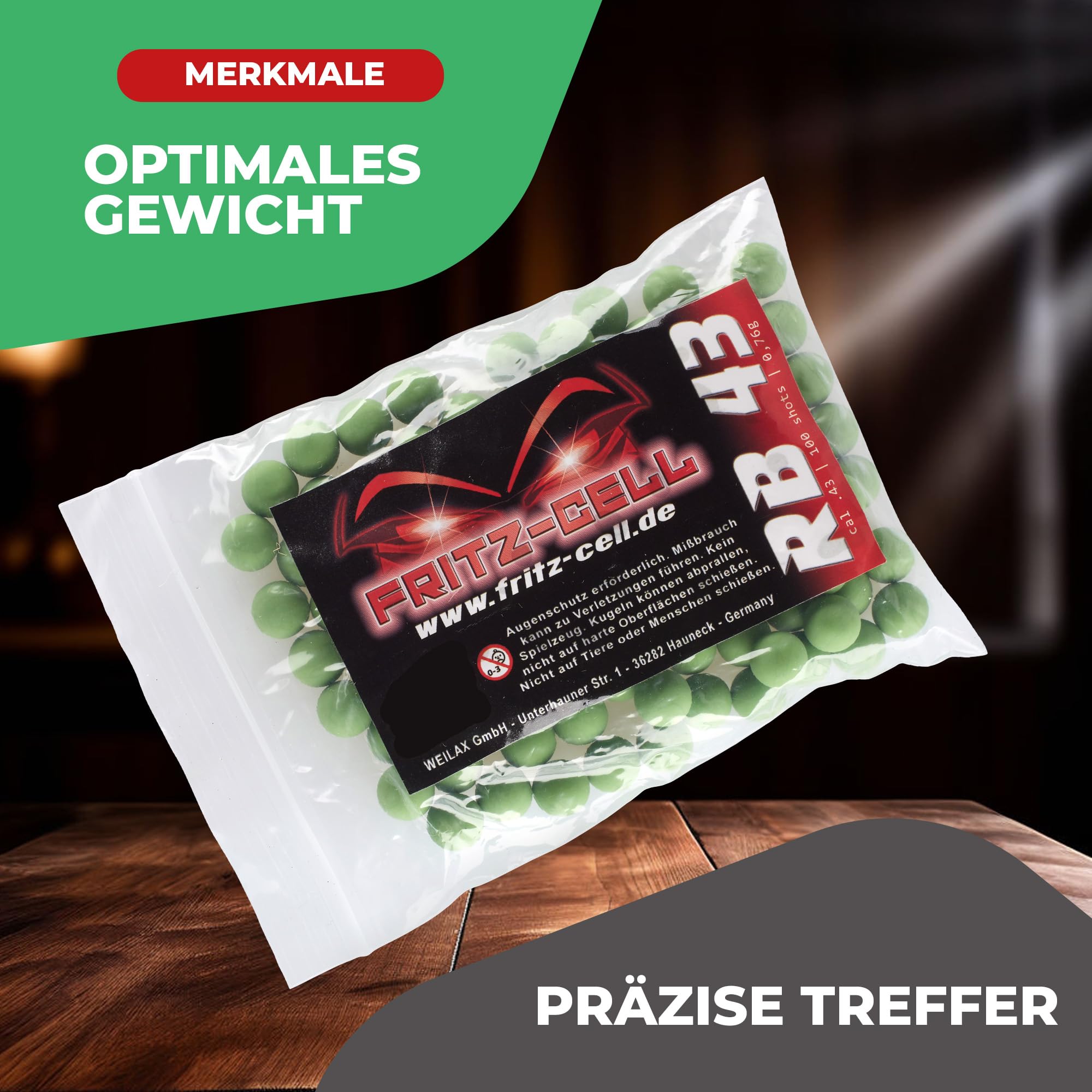 500 x RB Cal.43 grün Rubberball Gummigeschosse Fritz-Cell kompatibel mit T4E HDR50 / HDP5