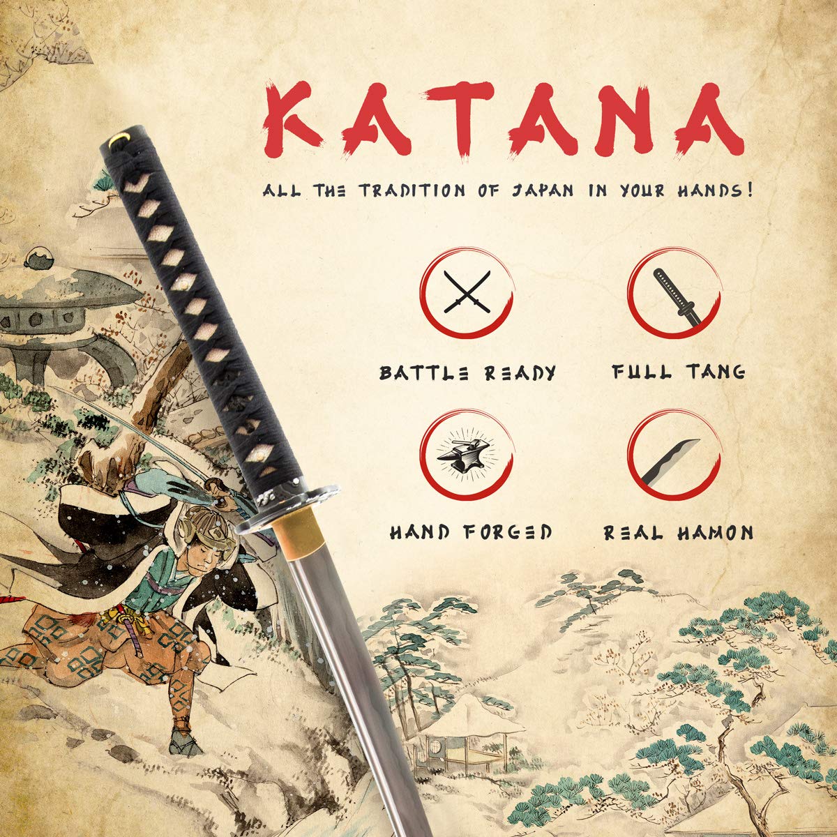 Handmade Sword - Samurai Katana Swords, Practical, Hand Forged, 1045 Carbon Steel, Heat Tempered, Full Tang, Sharp, Red Wooden Scabbard Painted Plum Blossom Pattern