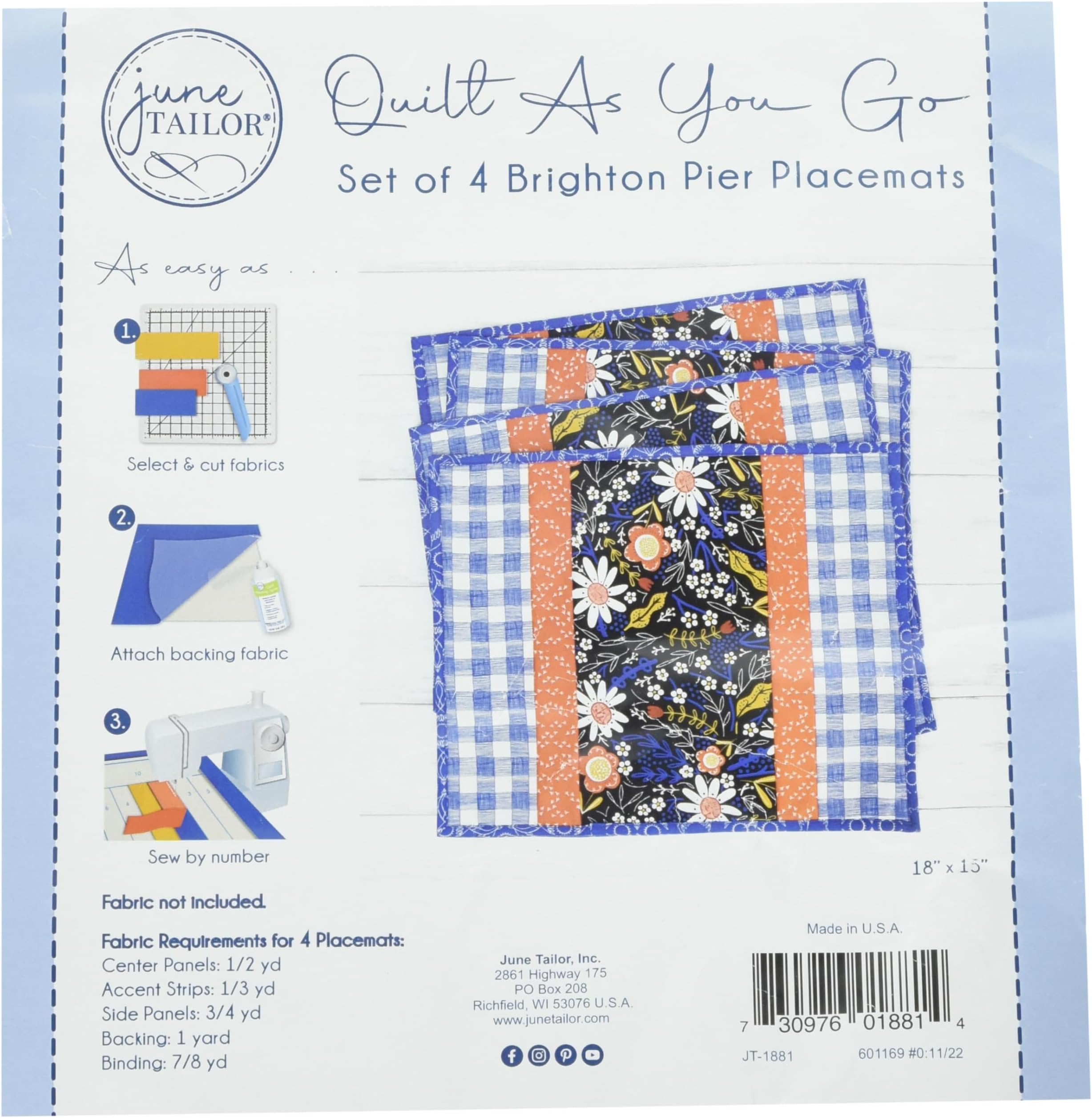 June Tailor Inc Quilt As You Go Placemats Brighton Pier 4pk Kits, Multi, Large