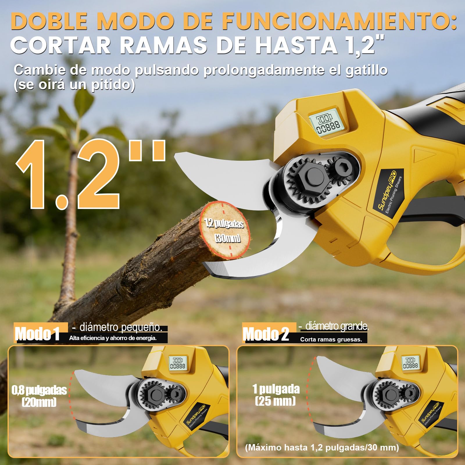 Tijeras de Podar Eléctricas Inalámbricas, SundpeyPRO Max 30mm Tijeras de Podar Sin Escobillas con 2 x 2,0Ah Baterías, Display LCD, Estuch, Tijera Poda Bateria para Jardín, Huertos, Ramas de Árboles