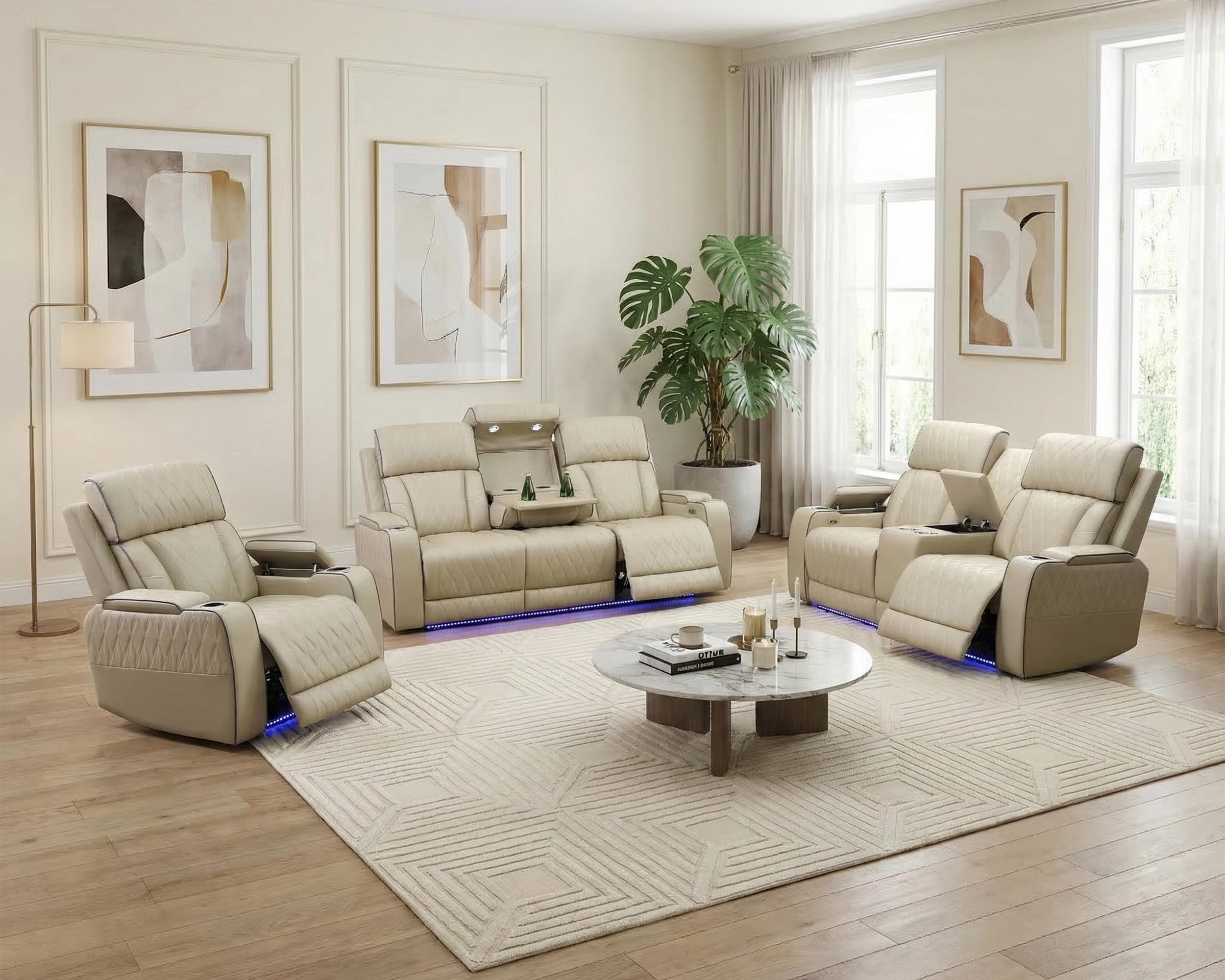 Photo 1 of Plithzy 3 Piece Living Room Furniture Set, Breathing Leather Power Recliner Sofa Set, Reclining Sofa Loveseat and Chair with LED Lighting/USB Port/Cup Holders/Storage for Home Theater (Khaki) box 3-3