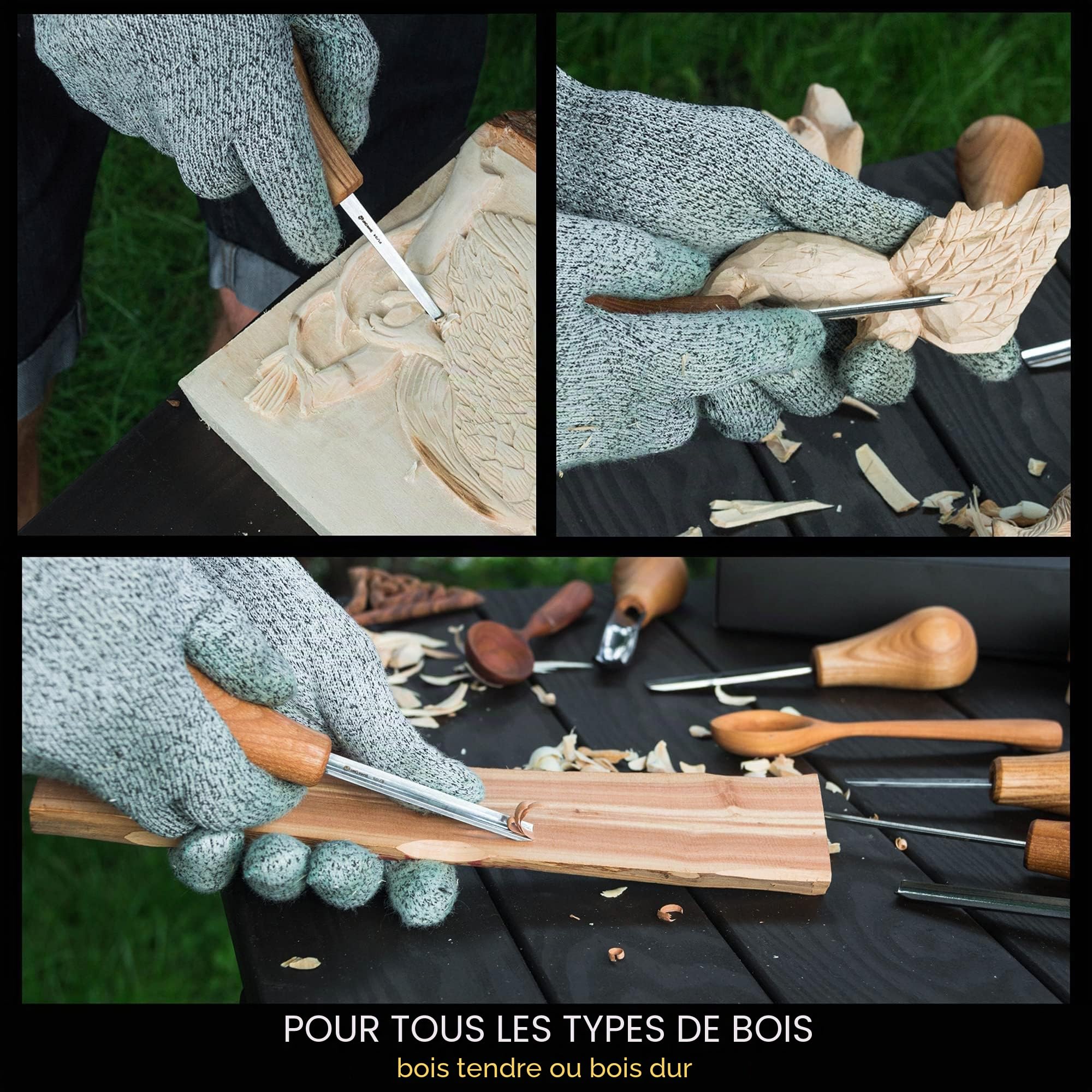 BeaverCraft Kit Gouges Sculpture Bois SC05 – Ensemble Ciseaux Bois avec Gouge Paume, Ciseau Plat, Courbé Court, Ciseaux V – Couteaux Whittling, Outils Sculpture Débutants & Professionnels