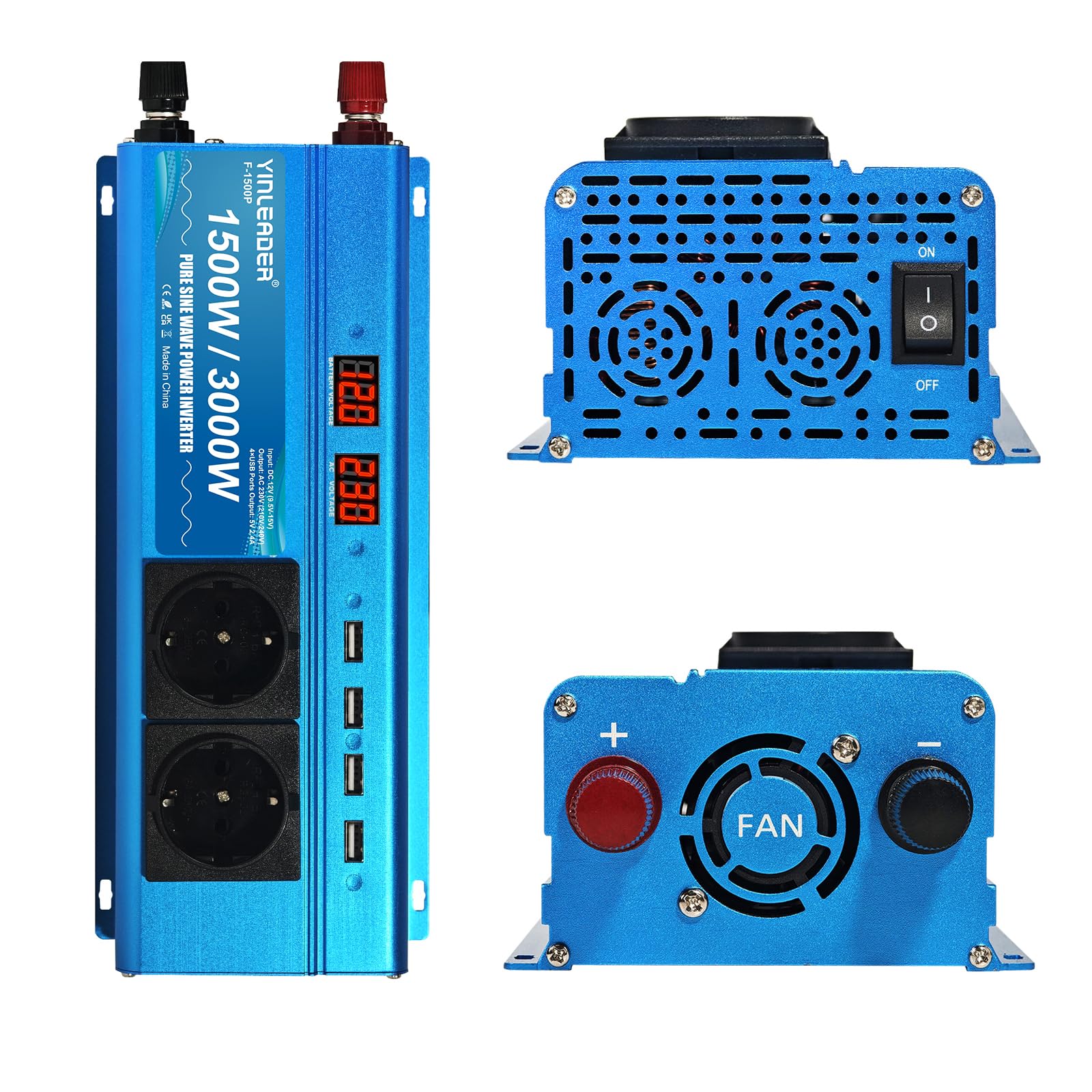 Yinleader Power Inverter 12V 230V Onda Sinusoidale Pura 1500 W 3000 W Inverter di Potere 2 LED 2 Prese 4 USB