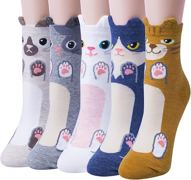 Justay 5 Pairs of Women's Funny Original Cute Animal Printed Casual Cotton Socks for Girls and Women, One Size, White Blue, One size
