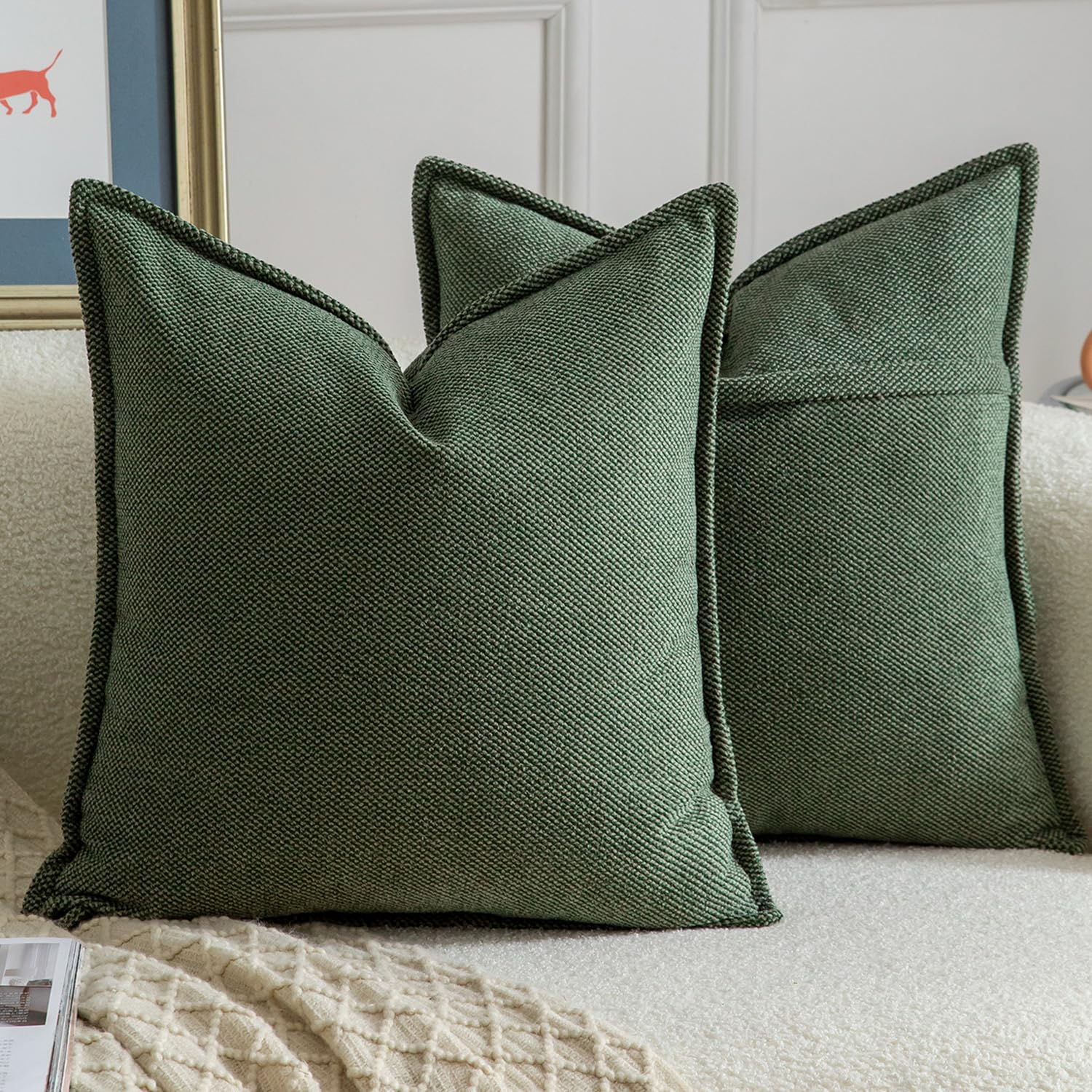 Madizz Decorative Chenille Green Cushion Covers 40x40 cm Pack of 2 Throw Pillows for Couch Sofa Boho Accent Pillow Cases for Bed Cushion for Bedroom Living Room Modern Home Decor