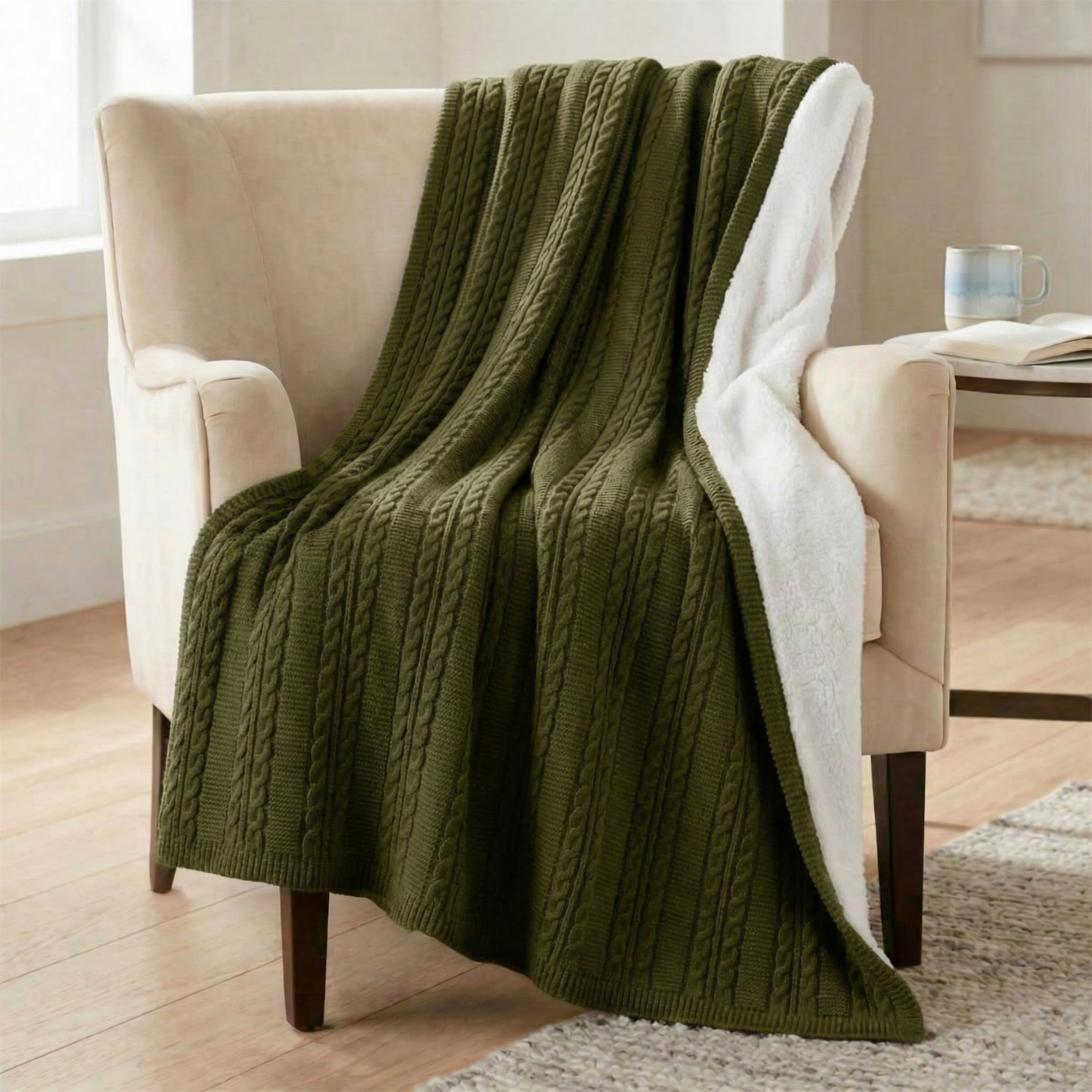 Cable Knit Throw Blanket for Couch, Sofa, or Bed - 50x60-Inch Soft and Cozy Blanket - Throws with Cable Knit Pattern and Warm Sherpa for Living Room, Bedroom, and Home Decor by Lavish Home (Green)