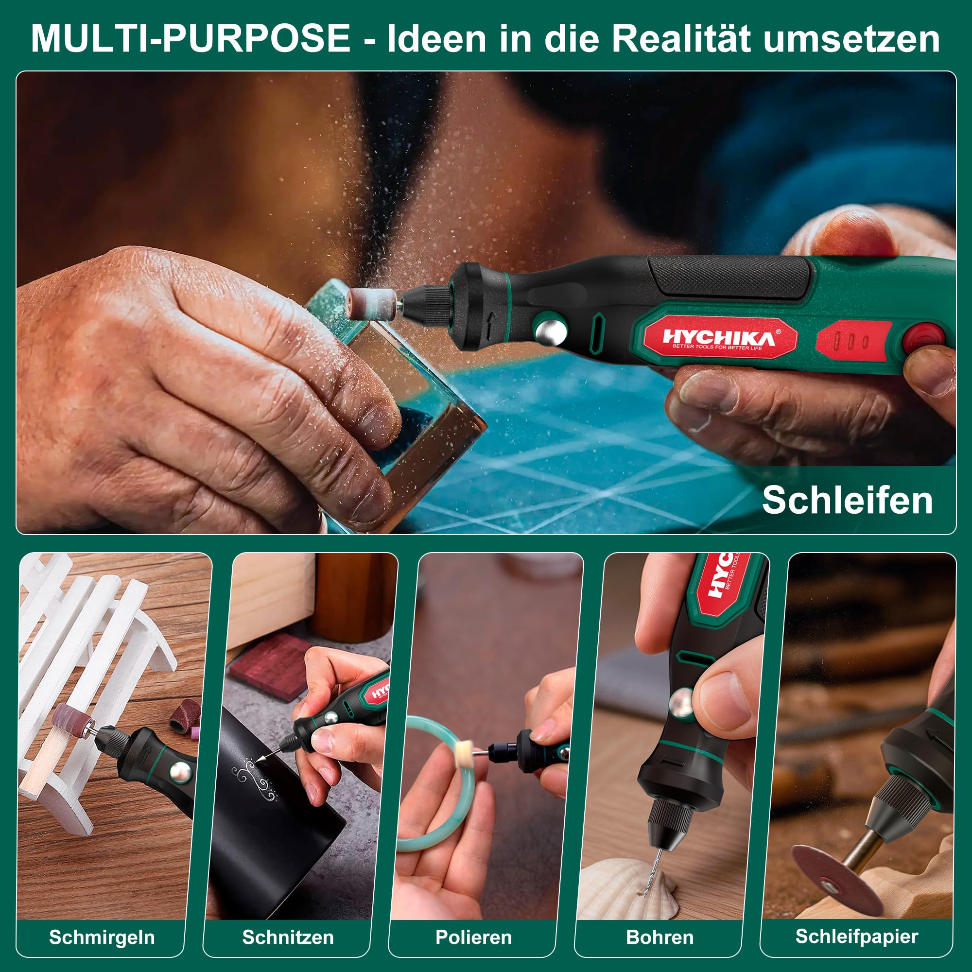 HYCHIKA 3,6V Akku Multifunktionswerkzeug Kit - 77-teiliges Zubehör für Bohren, Schleifen, Polieren, Gravieren，Mini Rotationswerkzeug mit regelbarer Geschwindigkeit und USB-C-Ladung.