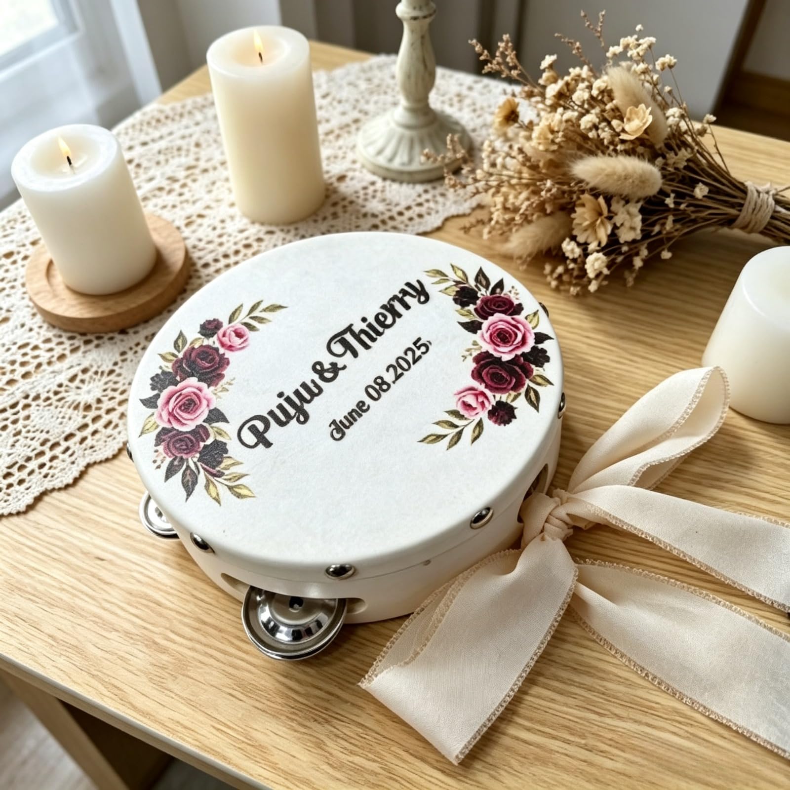 Panderetas personalizadas, mini panderetas de madera de 6 pulgadas a granel para adultos con cinta de 100 cm, panderetas de piel de oveja con nombre personalizado y fecha para iglesia, boda, fiesta