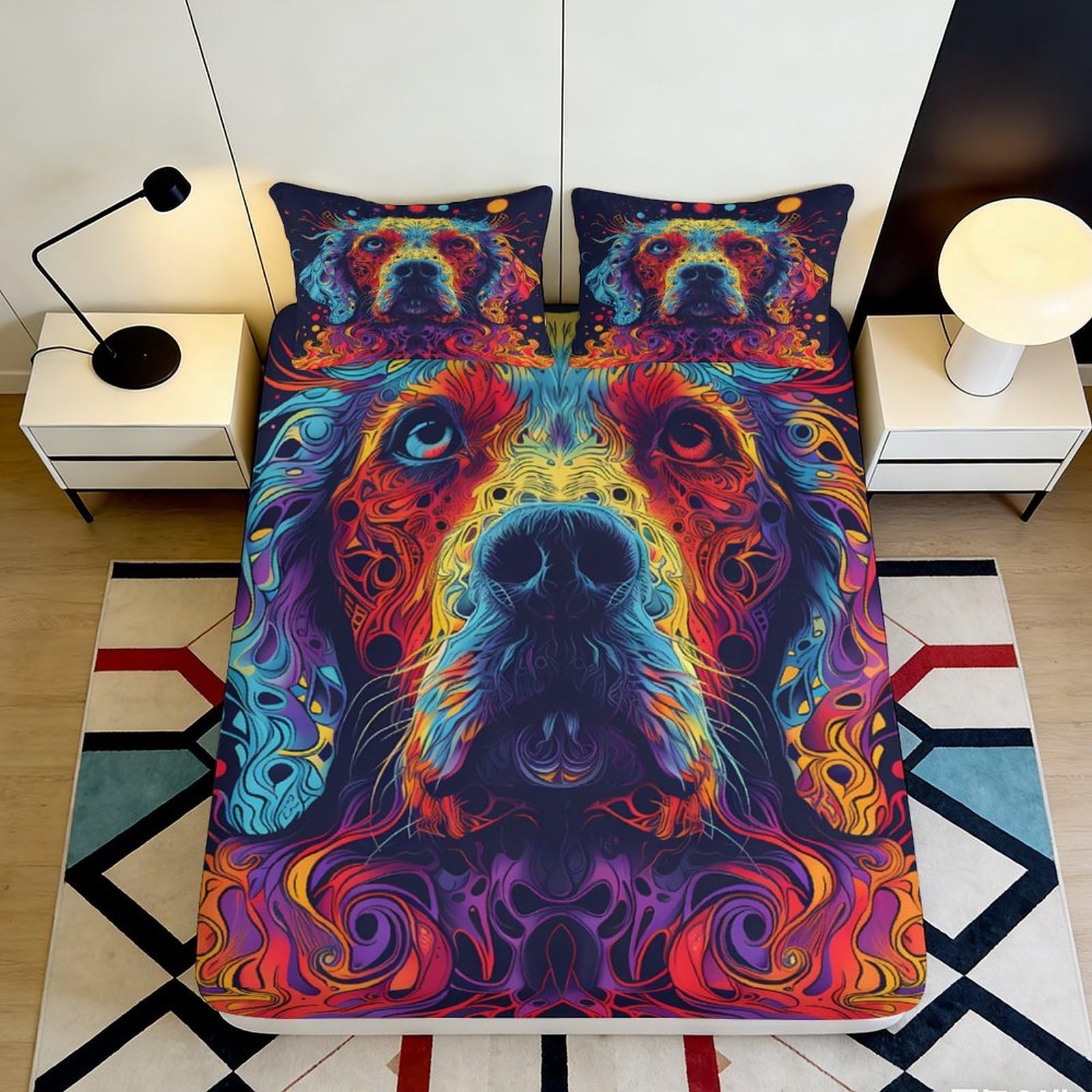 3D Printed Artistic Dog Fitted Sheet Microfiber Deep Pocket Bedroom Bedding Set Non-Slip Artistic Dog Mattress Fitted Cover Washable for All Ages 90x200x25cm