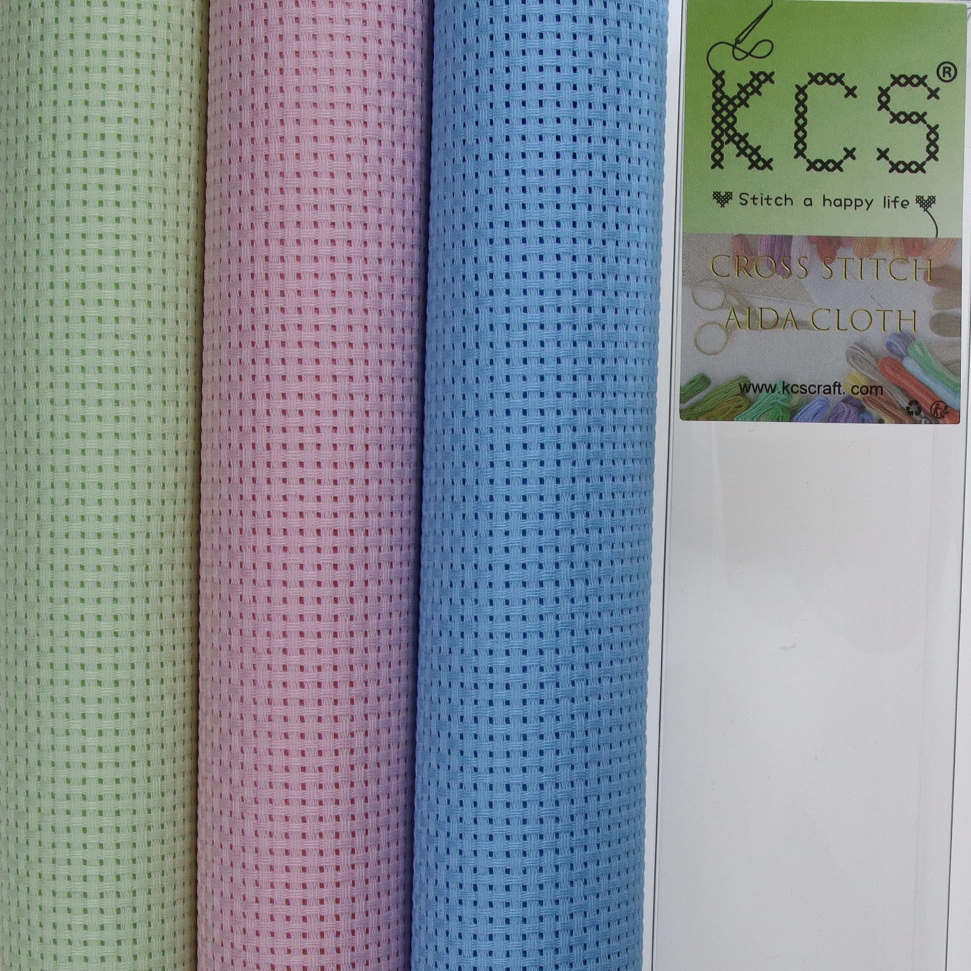 KCS 3 pc of 15" x 18"(38cmx45cm) Counted Cross Stitch Cotton Aida Cloth Needlework Rolled Fabric Box,11CT,Light Blue+Pink+Light Green