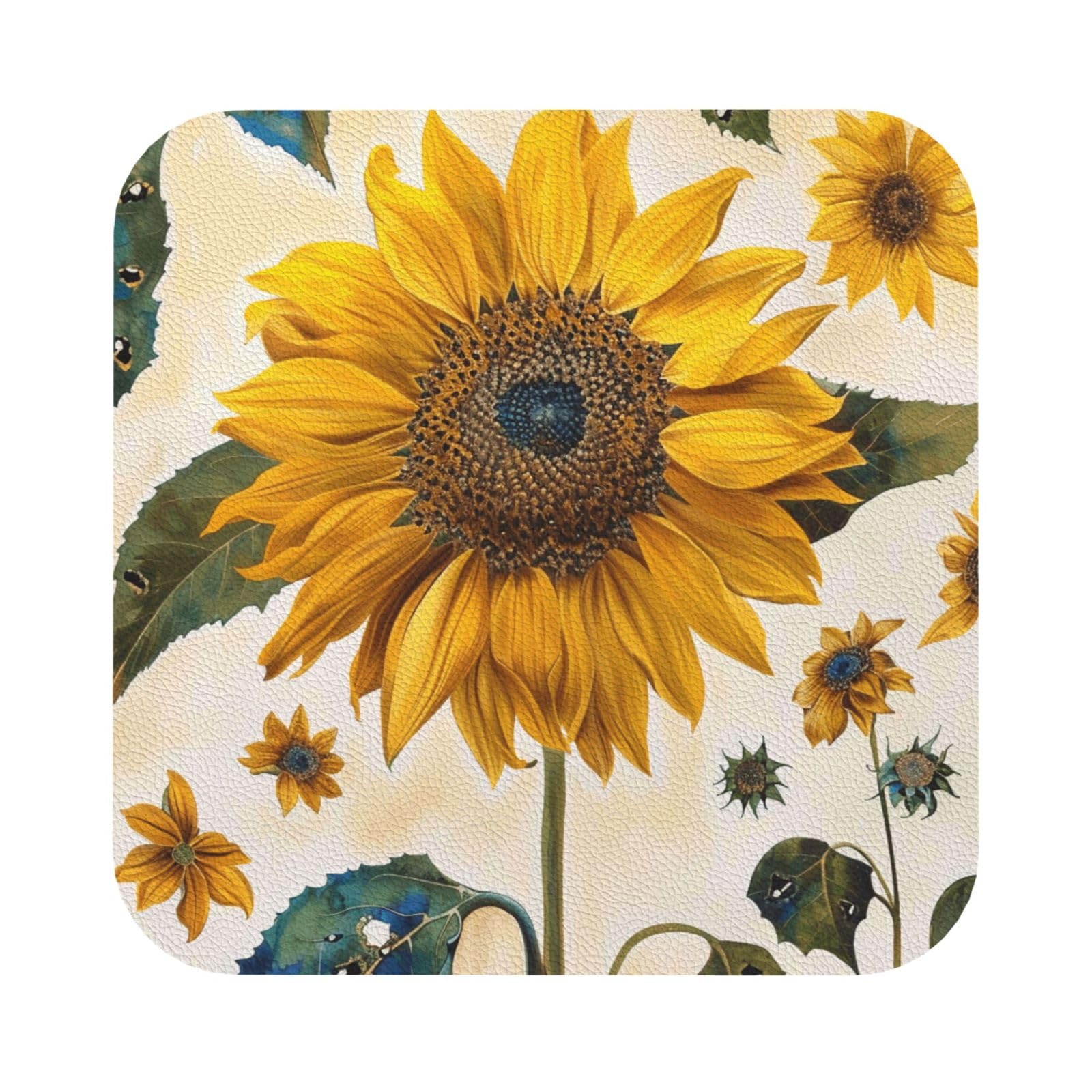 Sunflowers Print Leather Coaster Set of 6, Square Coasters Table Decorative Coffee Cup Beverage Coasters Wine Beer Bar Coasters for Hot Drinks Table Protection