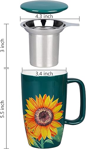 Miniatura 2 de Sunddo Taza de té de cerámica con infusor y tapa para té suelto, taza de girasol, regalos para amantes del té, para mujeres, color verde