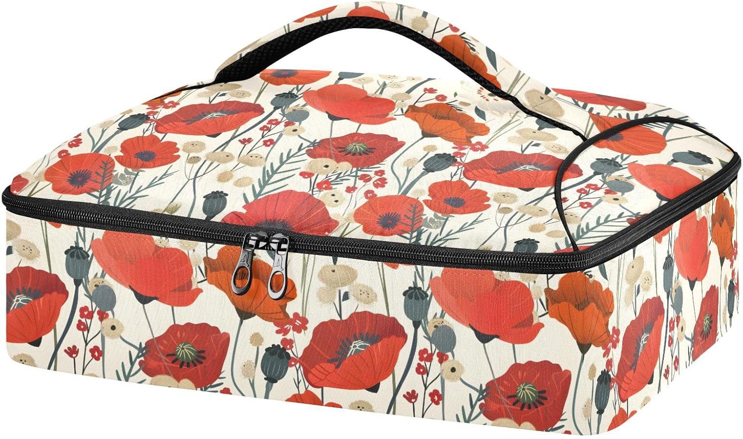 Casserole Carrier Insulated Vintage Red Poppies Beige Dish 9x13 with Lid Party Travel Warmer Bag for Hot or Cold Food Lasagna Pizza Holder Tote