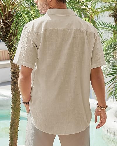 Miniatura 7 de J.VER Camisas de manga corta de lino y algodón para hombre, estilo informal, ligeras, con botones, para vacaciones, playa y verano, con bolsillo