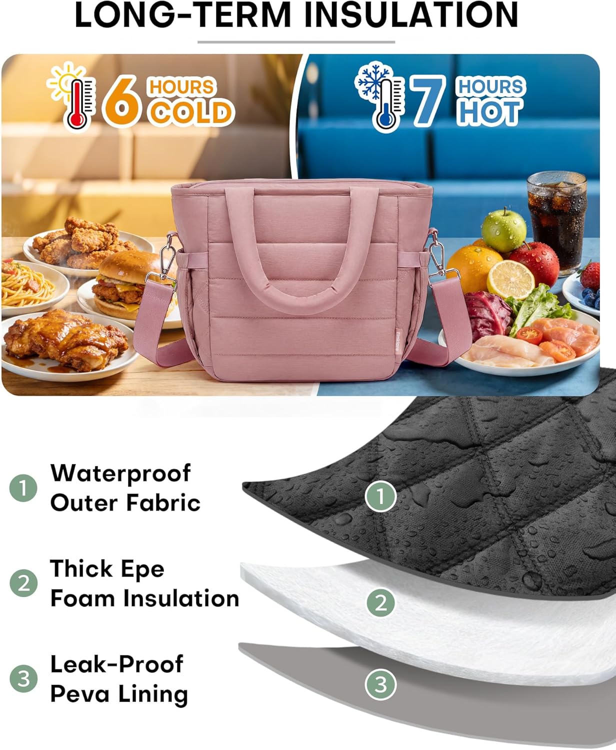 Insulated Lunch Box Tote Bag, Stylish Puffer Soft Lunch Bag for Women, Leakproof Quilted Cooler Bag with 4 Pockets & Adjustable Shoulder Strap for Work, Picnic, Outdoor Travel, Dark Pink