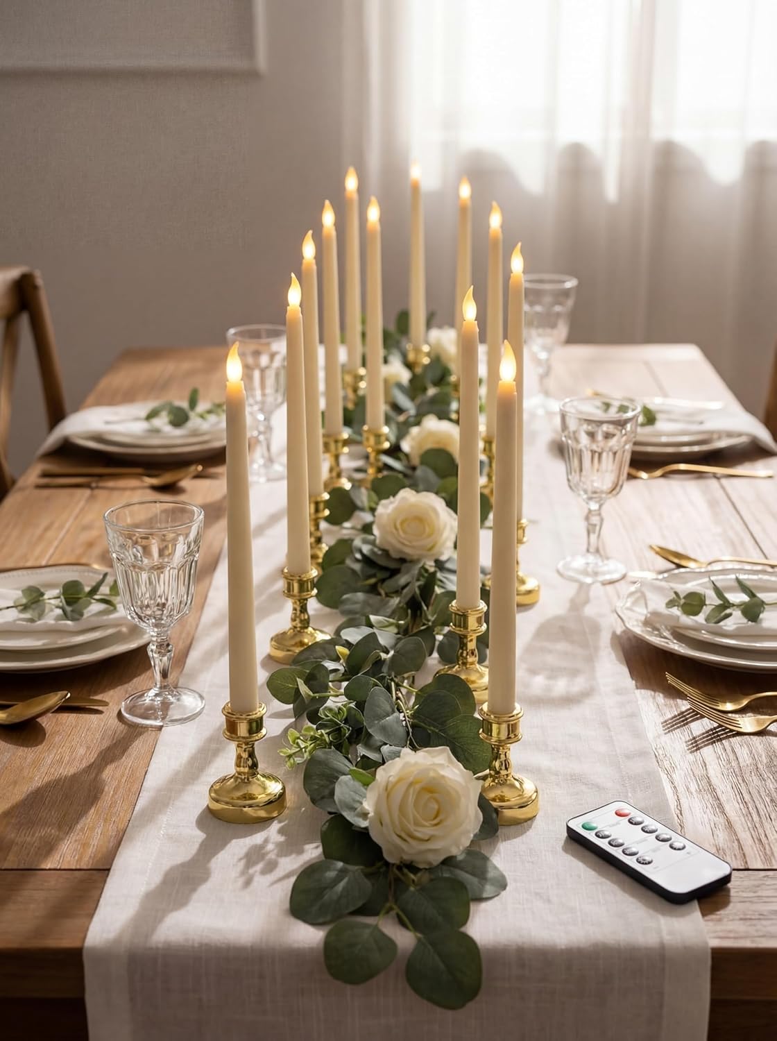 VIHOSE 24 Pcs Flameless Taper Candles with Holders Remote Timer Battery Operated Candles Bulk LED Candlesticks Flickering for Valentines Wedding Home Window Carnival Party Decor(Gold,Classic Style)