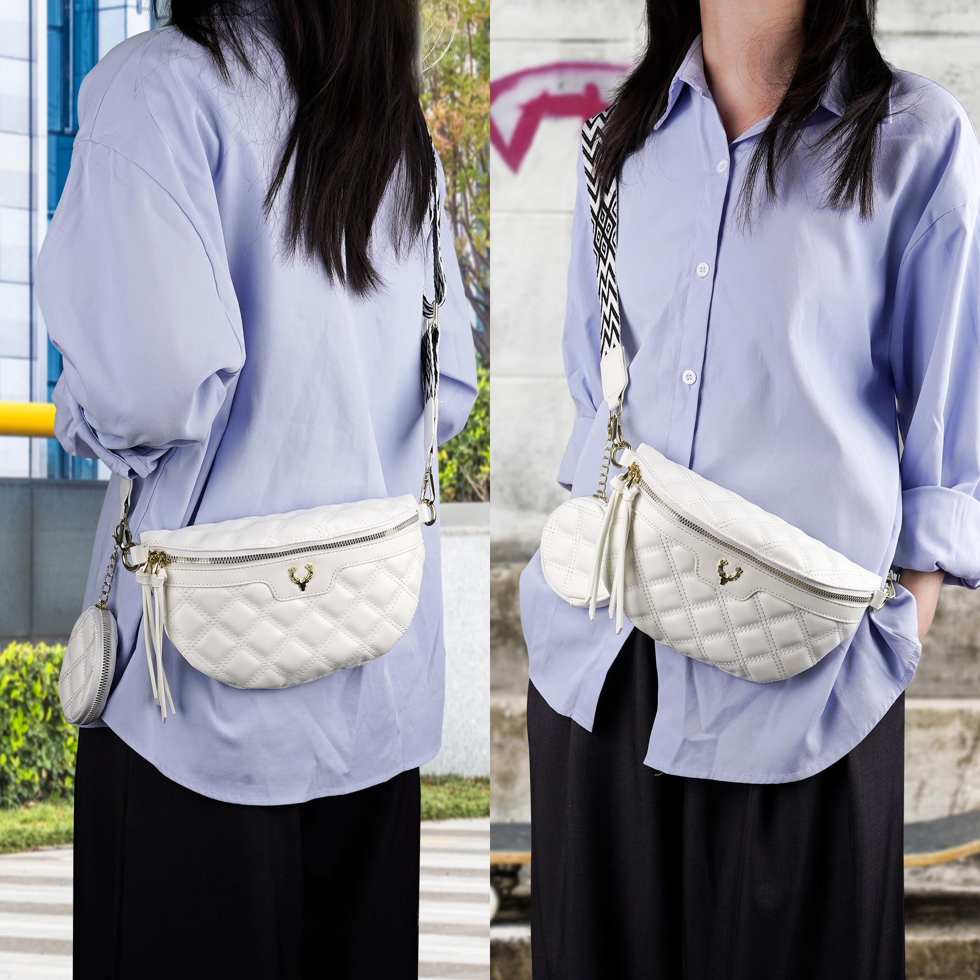 Diamond Sac banane matelassé avec sangle réglable - Blanc - Pour voyage, concert et festival - Sac banane sportif mains libres