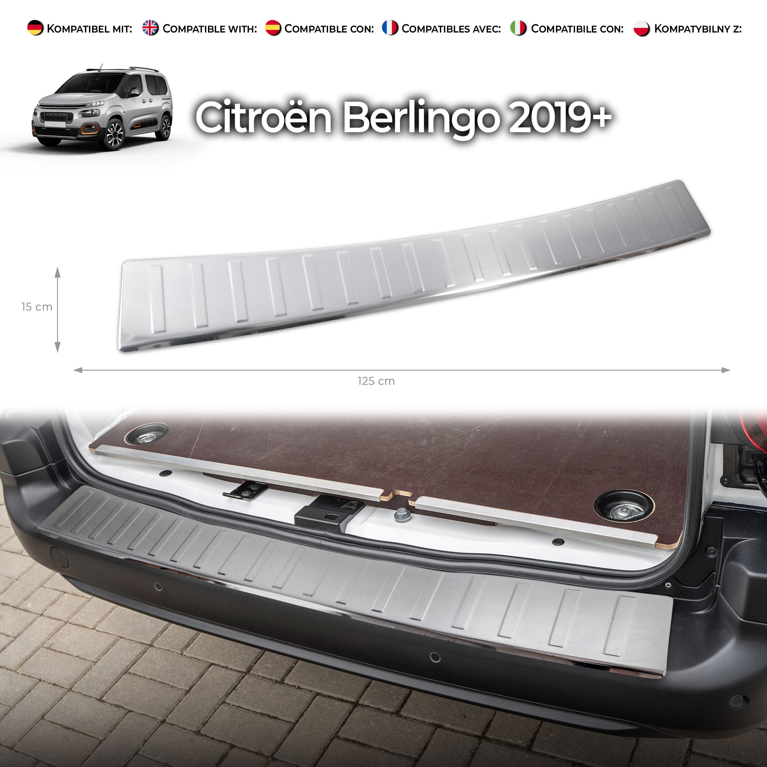 CHROMEMASTER - Accessori per Auto; Protezione paraurti Posteriore - Compatibile con Citroën Berlingo dal 2019 | Acciaio inossidabile lucidato - Protezione Paraurti Protegge la Vernice del Paraurti