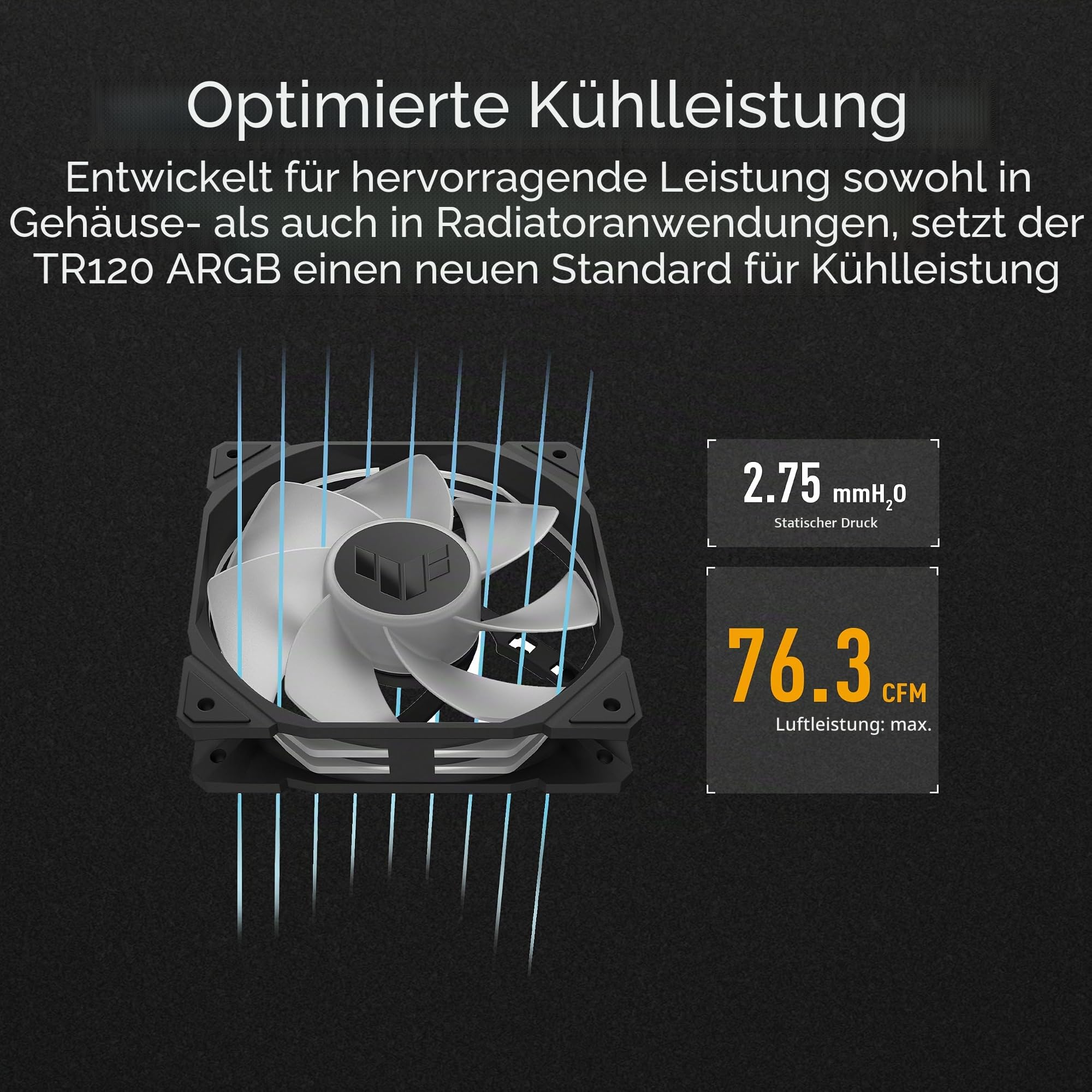 ASUS TUF Gaming TR120 ARGB Reverse Blade Black 3IN1 Gehäuselüfter 3er Pack (120mm PWM PC Lüfter, 2000 rpm, 2.75 mm H2O, 76,3 CFM Luftstrom, 16 einzeln adressierbare RGB-LEDs, schwarz)