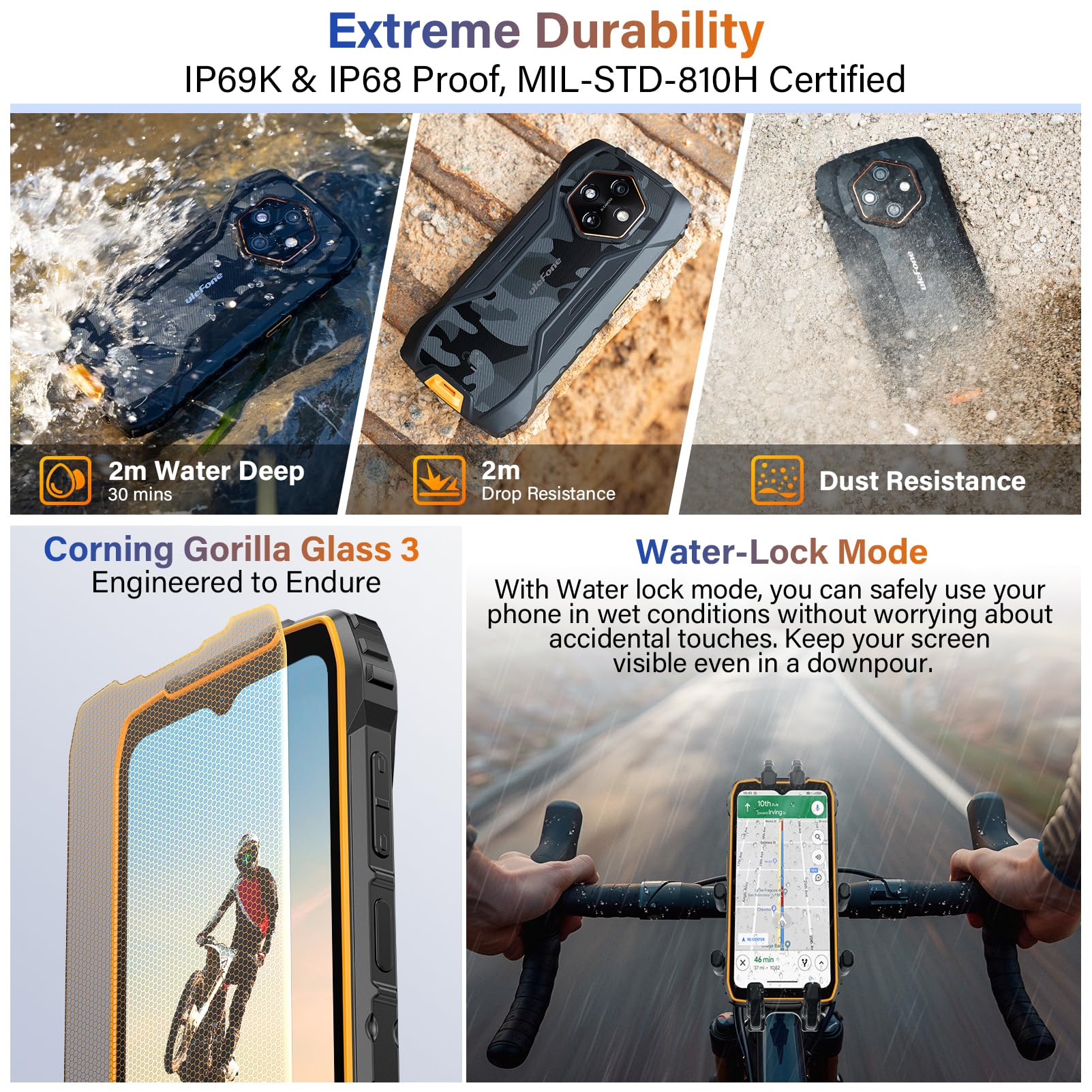 Ulefone RugKing 4 Pro Movil Resistente, Android 15 AI Smartphone 10200mAh 16GB+256GB/SD-2TB 6,56” 120Hz Teléfono, Octa-Core Cámara 48MP+8MP, 120LM Super Torch/3-Slots/IP68/IP69K/OTG/NFC/GPS Naranja