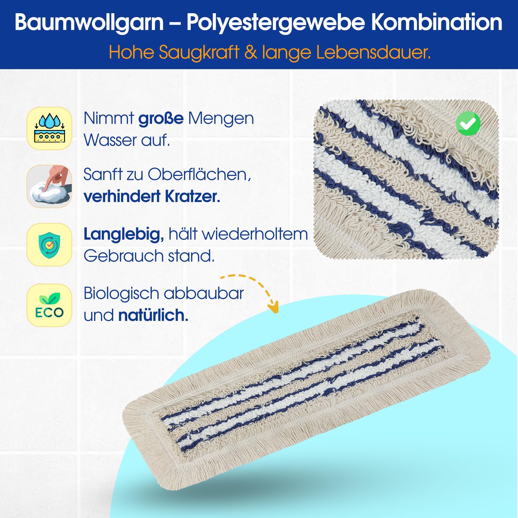 OKAEI Wischmopp Bezüge 50 cm Beige/Weiß/Blau, 10er Set – Mikrofaser-Baumwoll Wischbezug für Bodenwischer – Ersatzbezüge für Klapphalter – Profi-Vorrat mit hoher Schmutzaufnahme