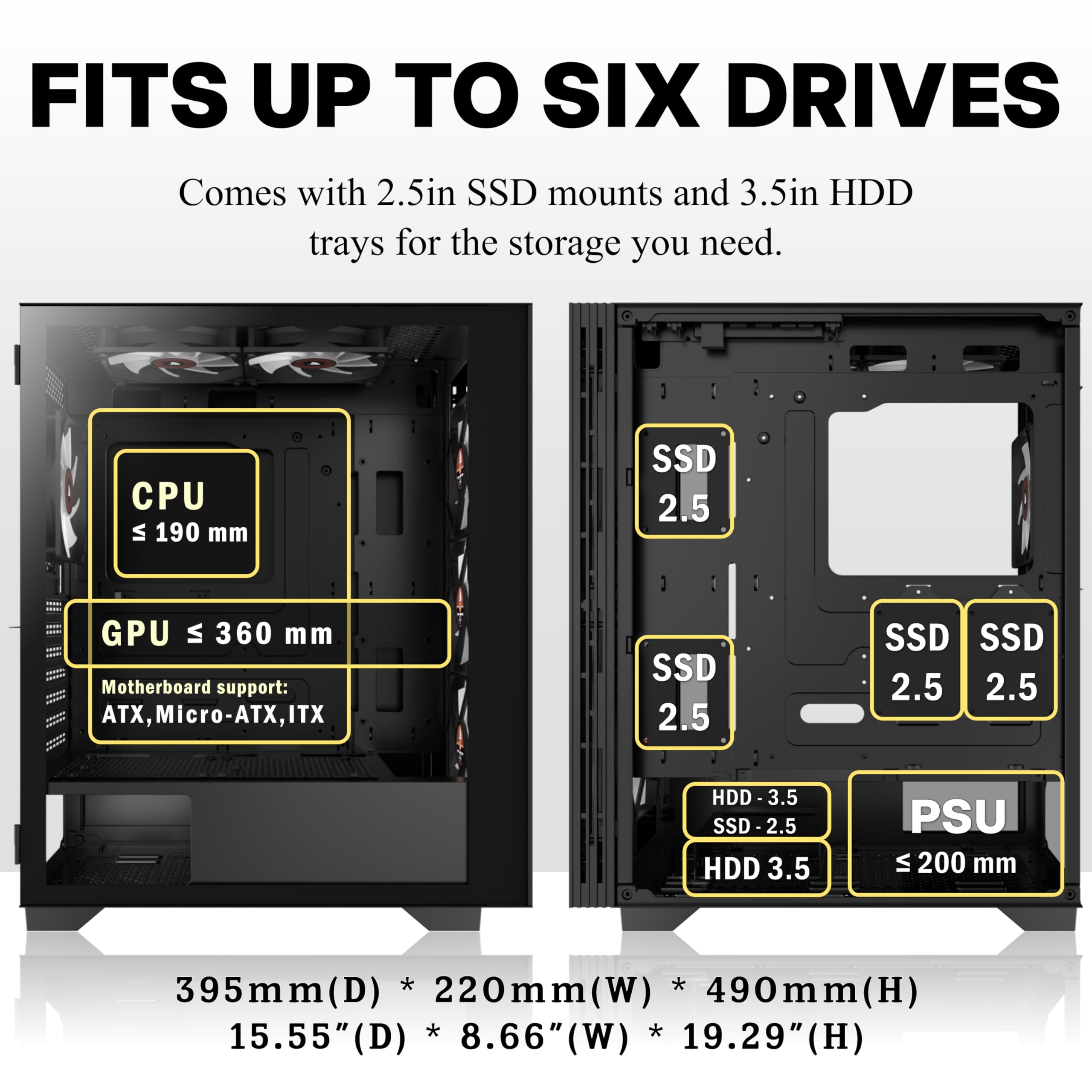 PC-Gehäuse ATX 6 PWM ARGB Gehäuselüfter, vorinstalliert, Mid-Tower-Computergehäuse mit gehärtetem Glas, Netzfront mit hohem Luftstrom, unterstützt 360-mm-Kühler, schwarzes