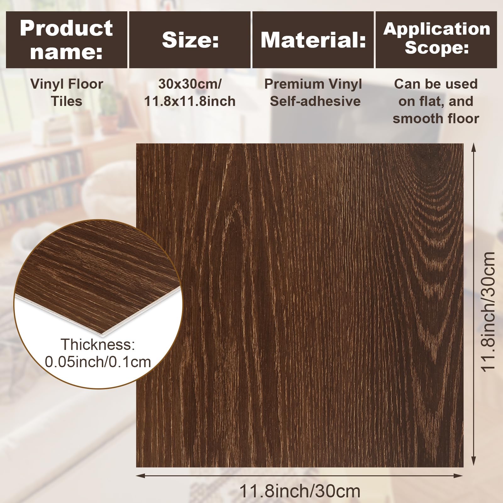 JMIATRY Lot de 40 carreaux de sol à décoller et à coller - Carreaux de sol en vinyle imperméables pour sol de cuisine - 30,5 x 30,5 x 1,5 cm - Couverture de 40 m² - Marron