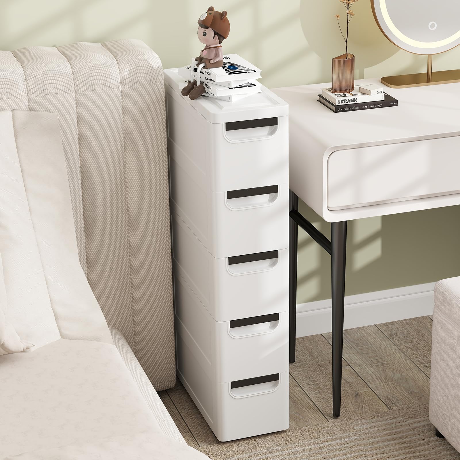 Schmaler Badezimmerschrank auf Rollen, Schmaler Badezimmerschrank mit 3/4/5 Schubladen, Mobiler Schubladenschrank, Freistehender Kompakter Schrank, Organizer für Wohnzimmer (5 Schubladen)