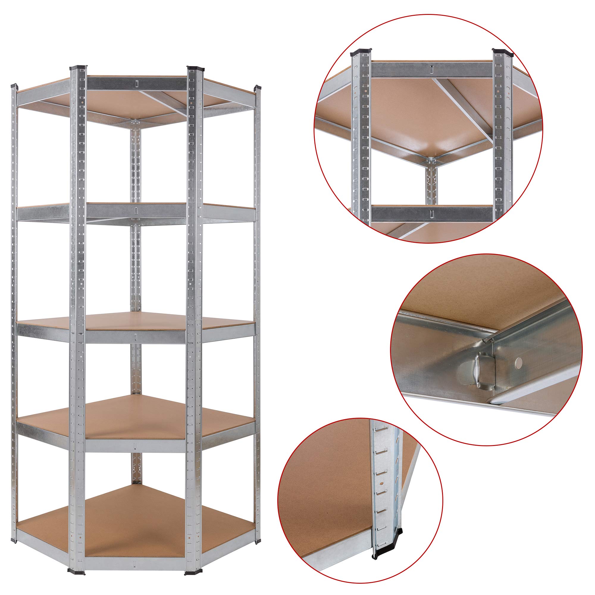 Arebos Eckregal Schwerlastregal Steckregal 875kg | Einfache Montage durch Stecksystem | 180 x 70 x 70 cm | 5 Böden aus MDF | bis zu 175 kg pro Regalboden | Verzinkt