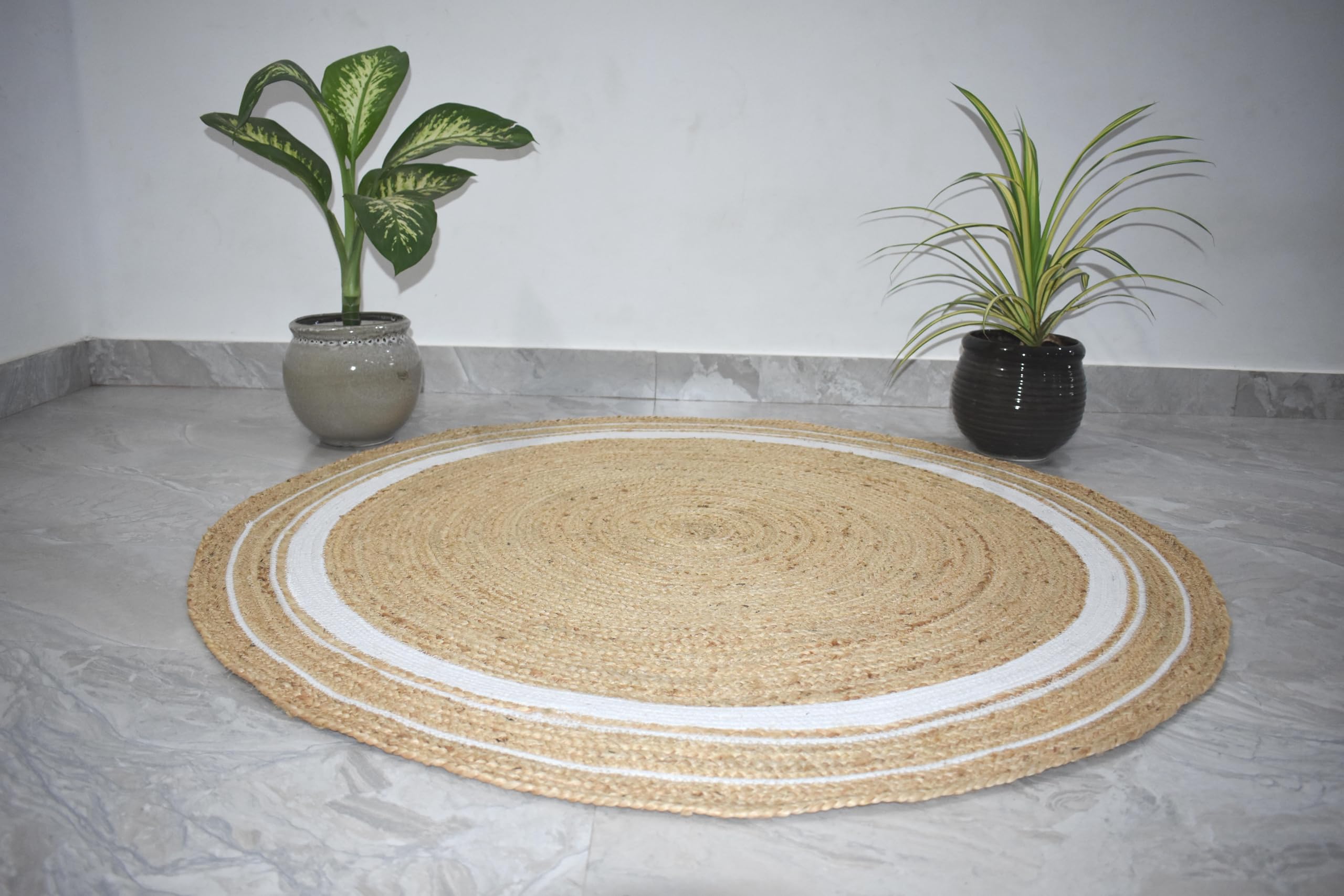 Ripaz - Alfombra de yute natural con borde blanco roto tejida a mano, color natural (60 x 60 cm, redonda)